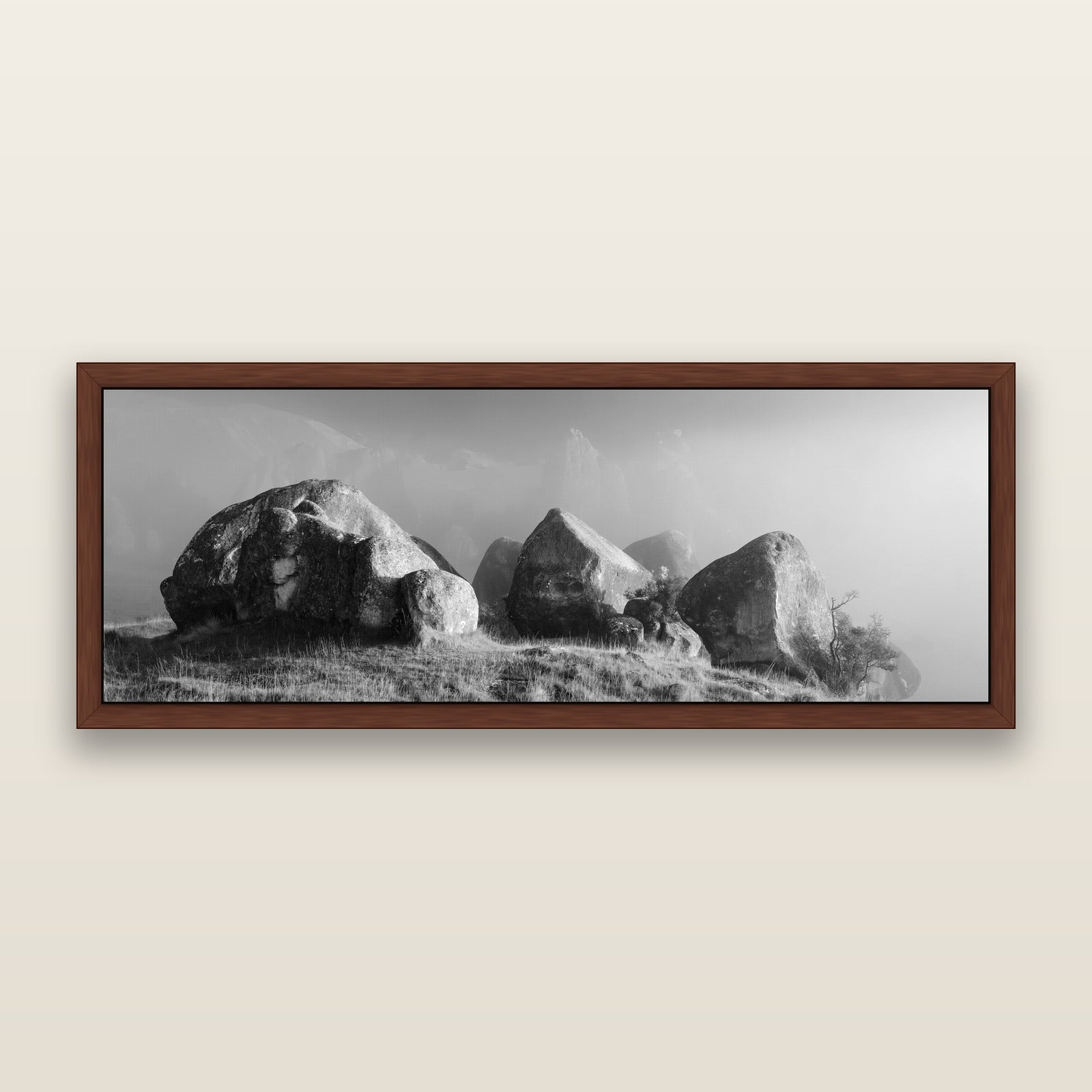 Sentinels in the Mist, Castle Hill, black and white framed metallic canvas print, Brown frame. New Zealand fine art wall art by Stephen Milner.
