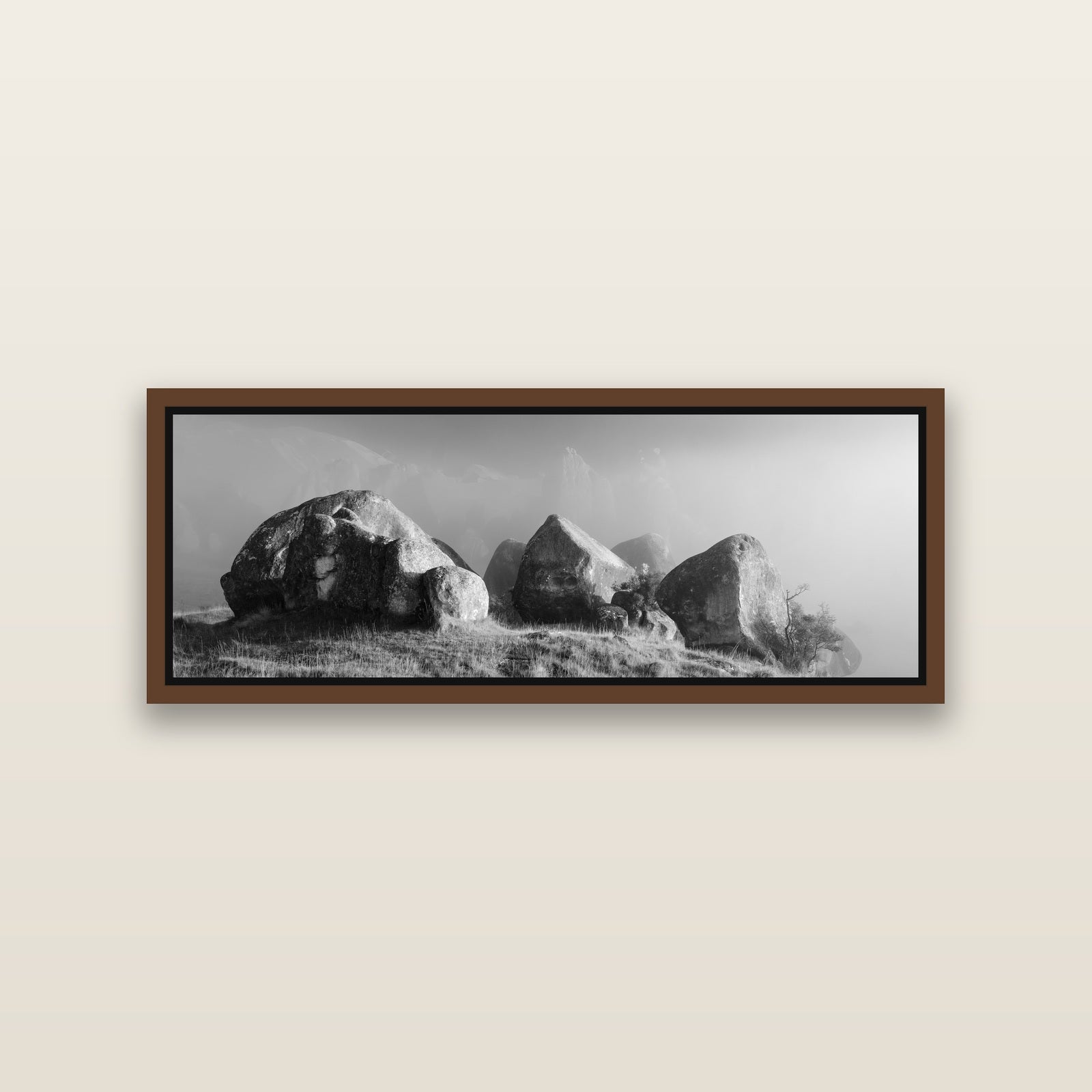 Sentinels in the Mist, Castle Hill — Brown framed metallic canvas print, small 86 × 30 cm. New Zealand fine art landscape wall art by Stephen Milner.