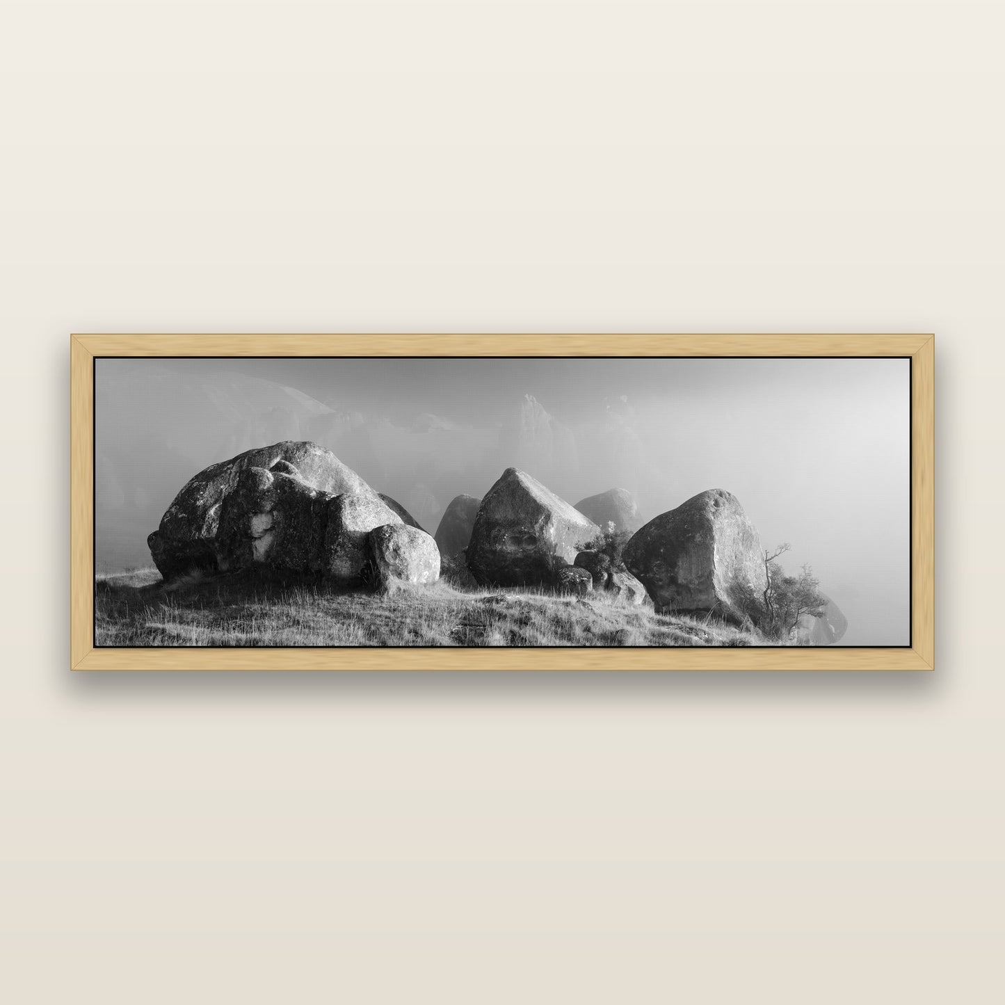 Sentinels in the Mist, Castle Hill — black and white framed metallic canvas print, Natural frame. New Zealand fine art wall art by Stephen Milner.