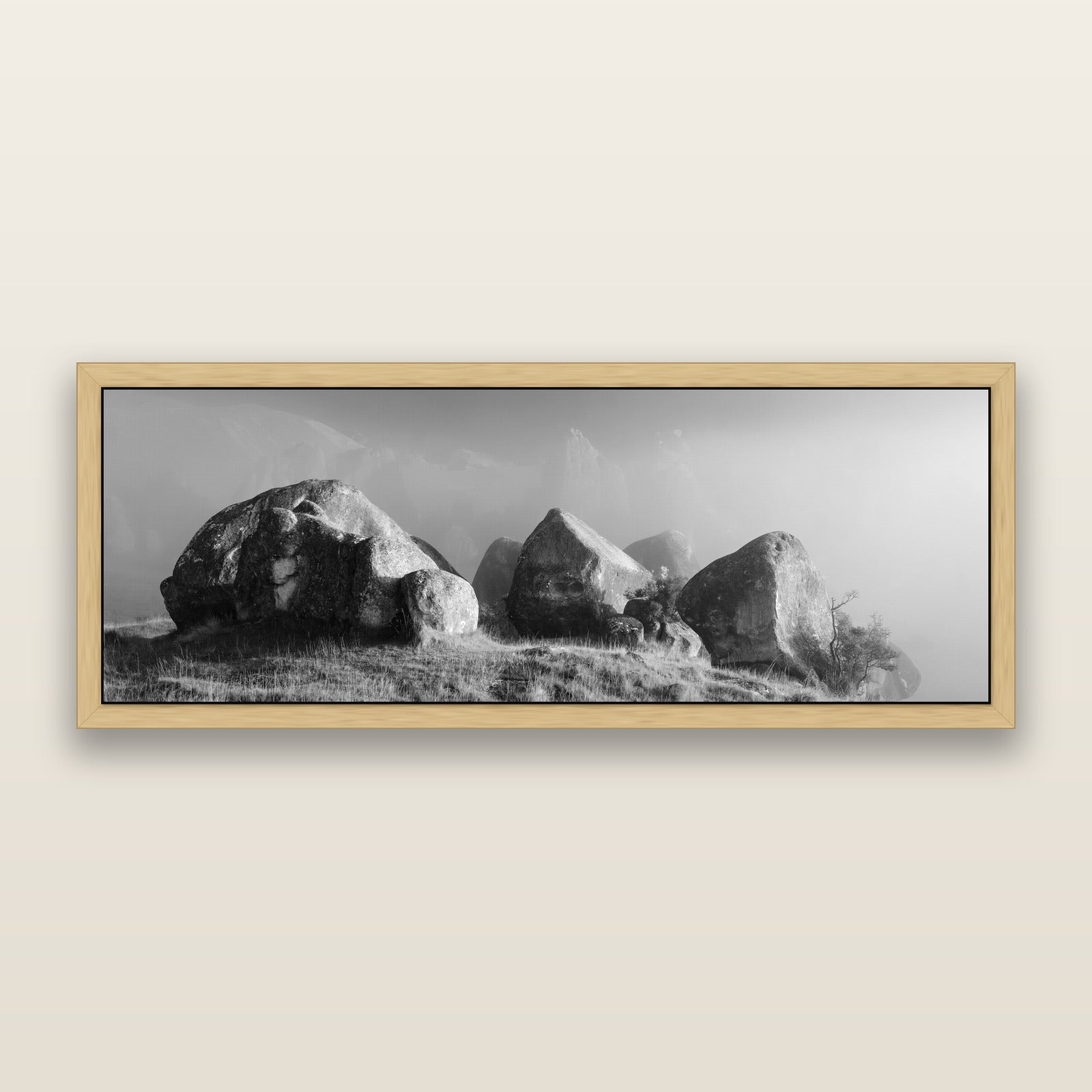 Sentinels in the Mist, Castle Hill, black and white framed metallic canvas print, Natural frame. New Zealand fine art wall art by Stephen Milner.