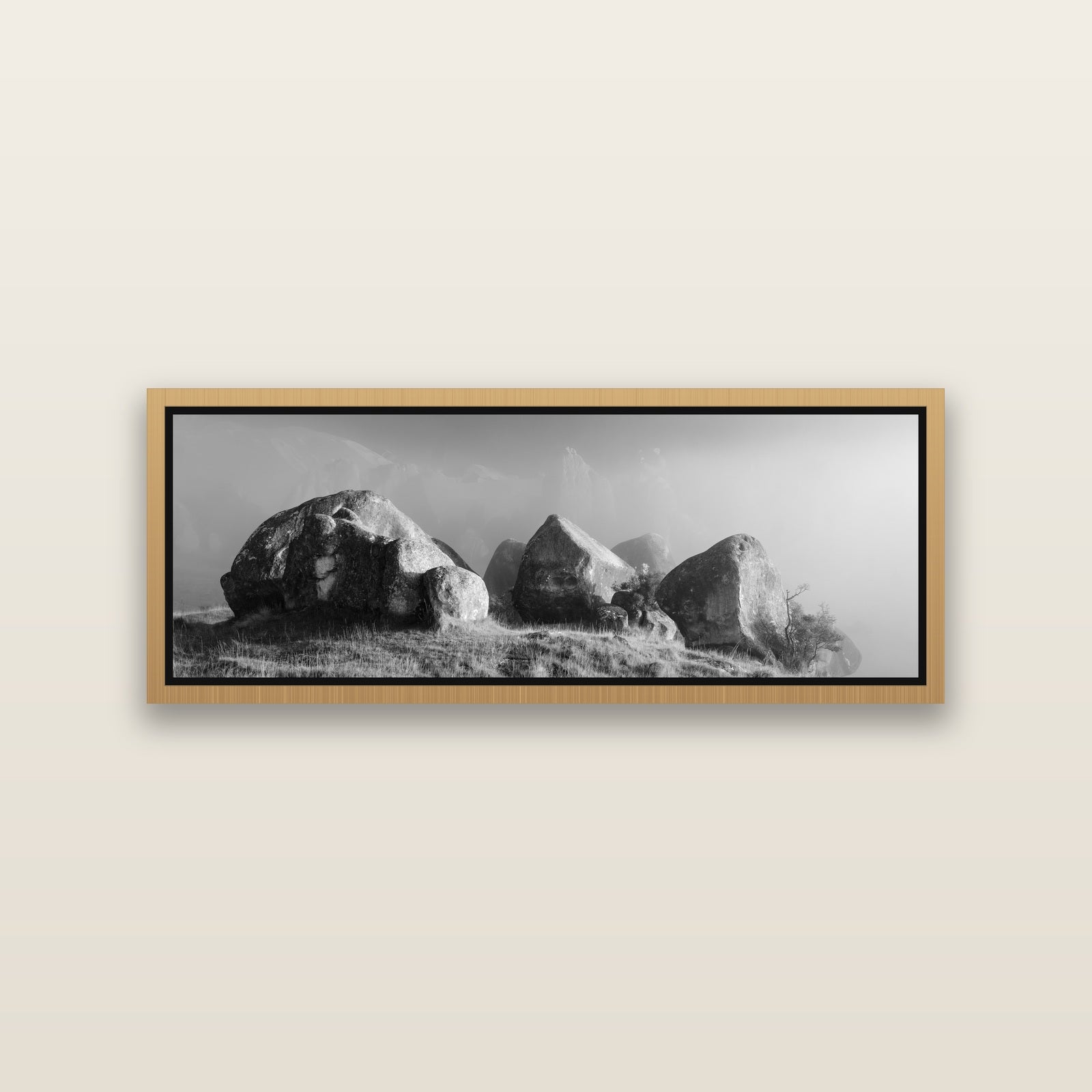 Sentinels in the Mist, Castle Hill — Natural framed metallic canvas print, small 86 × 30 cm. New Zealand fine art landscape wall art by Stephen Milner.