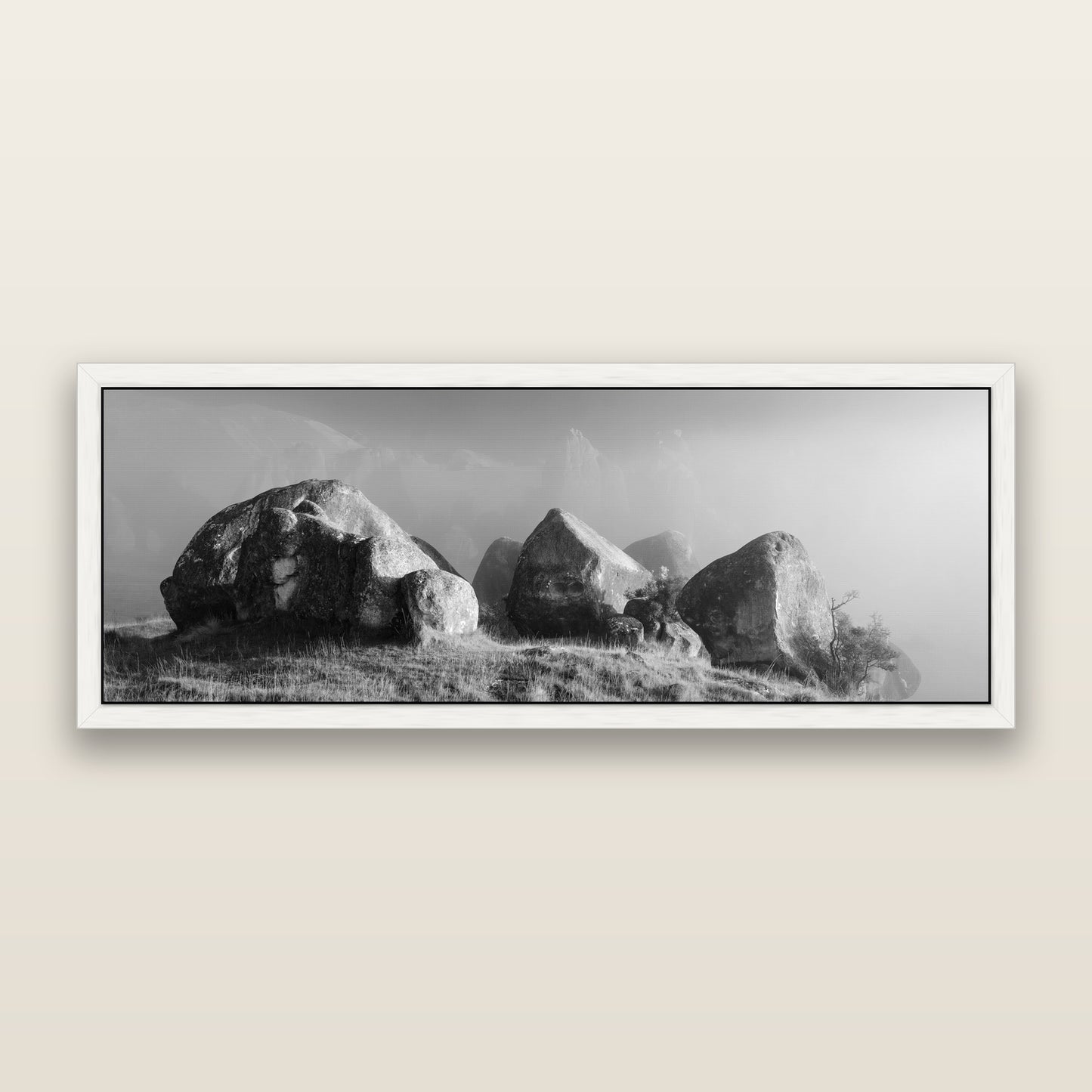 Sentinels in the Mist, Castle Hill — black and white framed metallic canvas print, White frame. New Zealand fine art wall art by Stephen Milner.