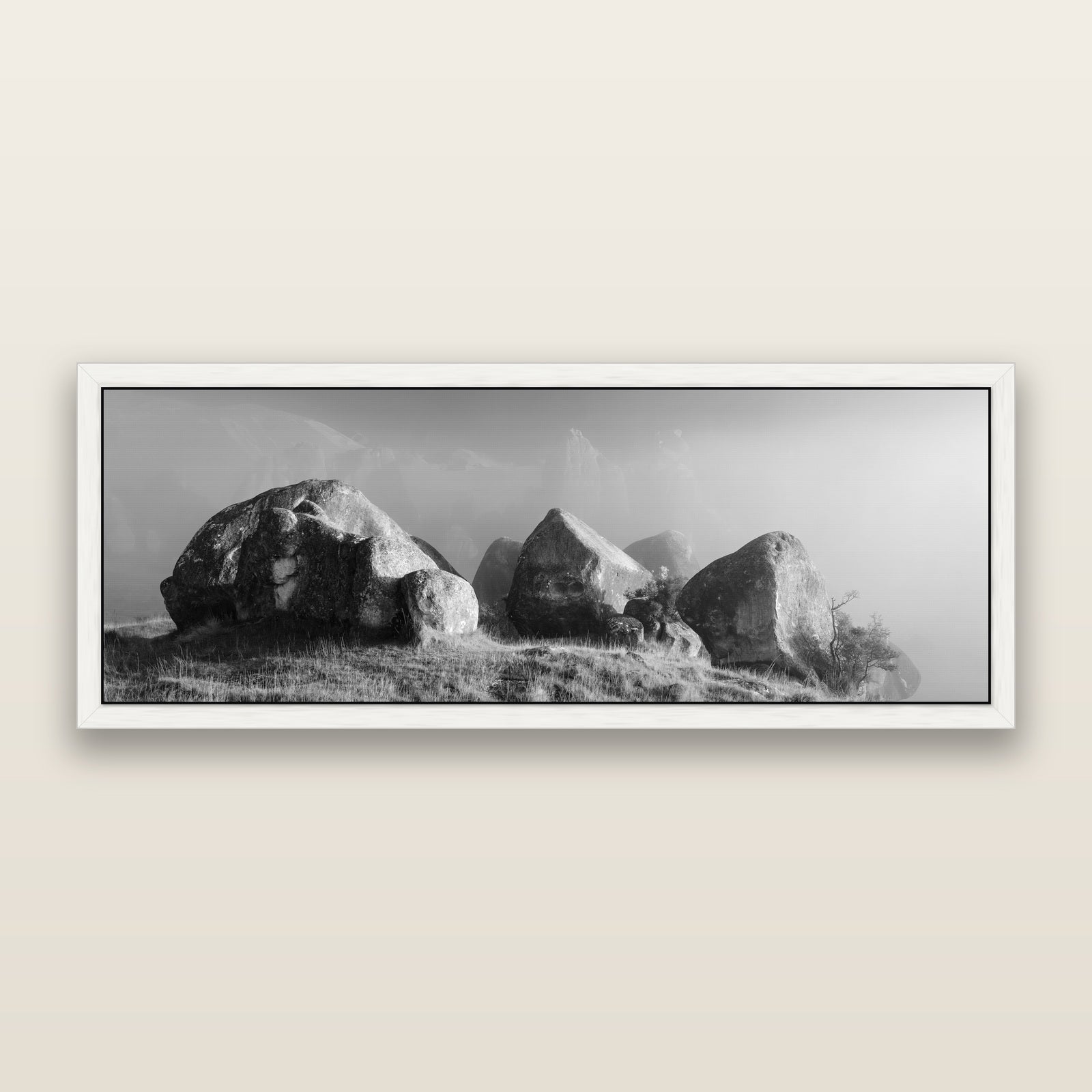 Sentinels in the Mist, Castle Hill, black and white framed metallic canvas print, White frame. New Zealand fine art wall art by Stephen Milner.