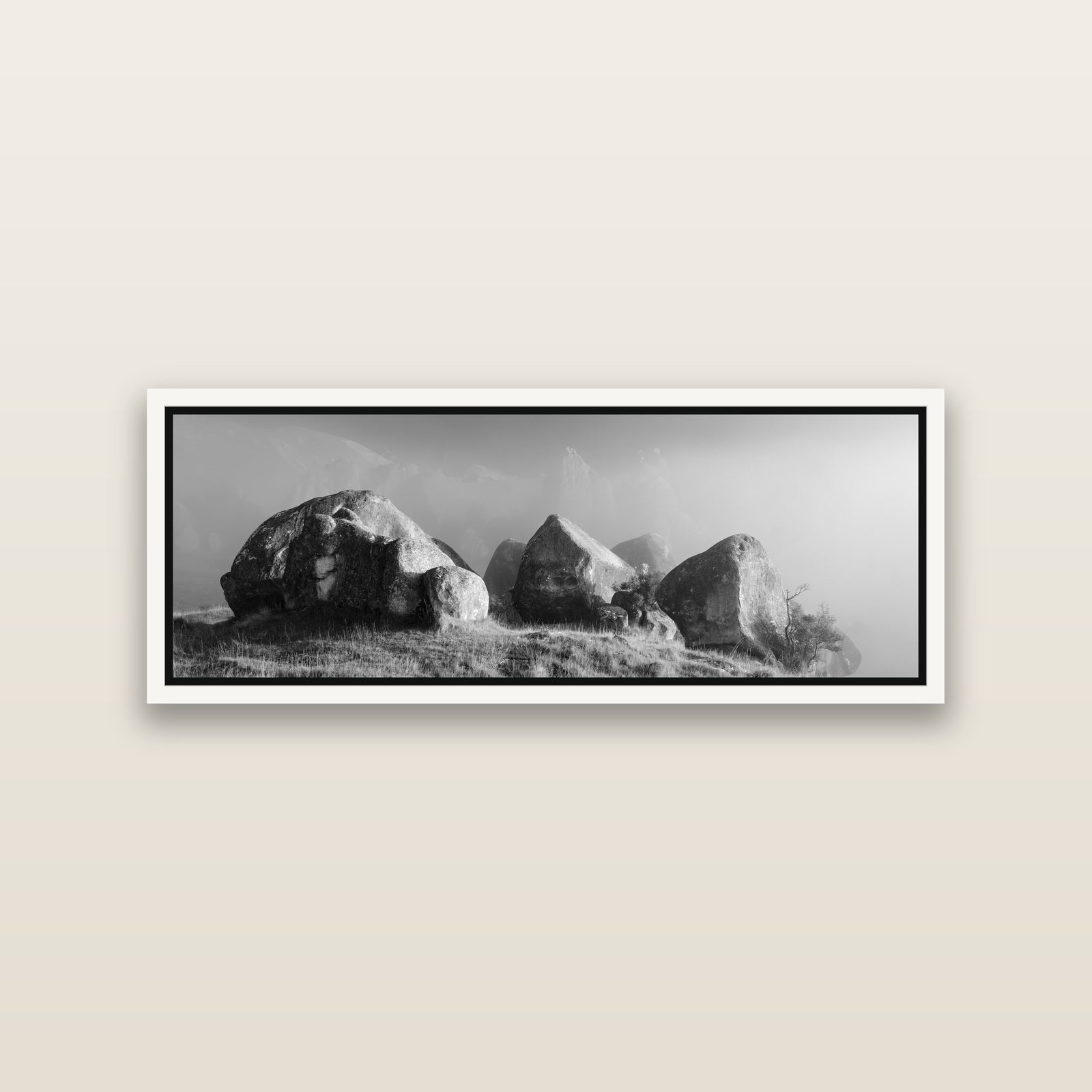 Sentinels in the Mist, Castle Hill — White framed metallic canvas print, small 86 × 30 cm. New Zealand fine art landscape wall art by Stephen Milner.