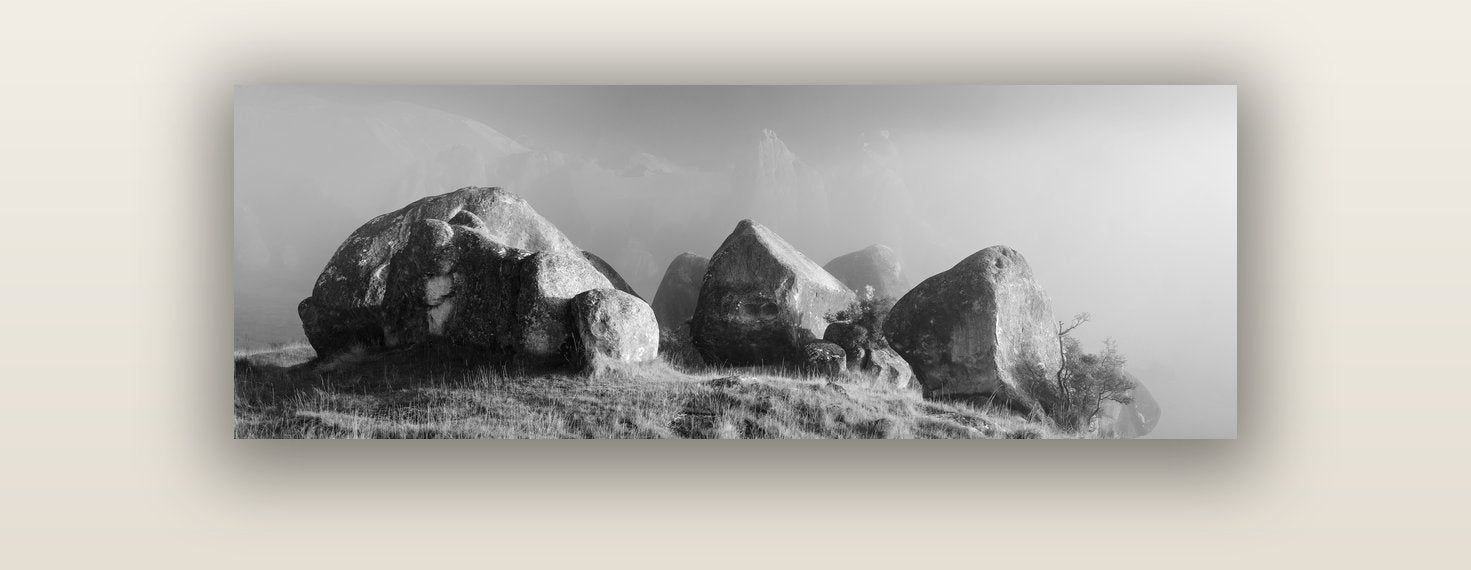Sentinels in the Mist, Castle Hill — acrylic glass print, 122 × 41 cm. New Zealand fine art landscape wall art by Stephen Milner.