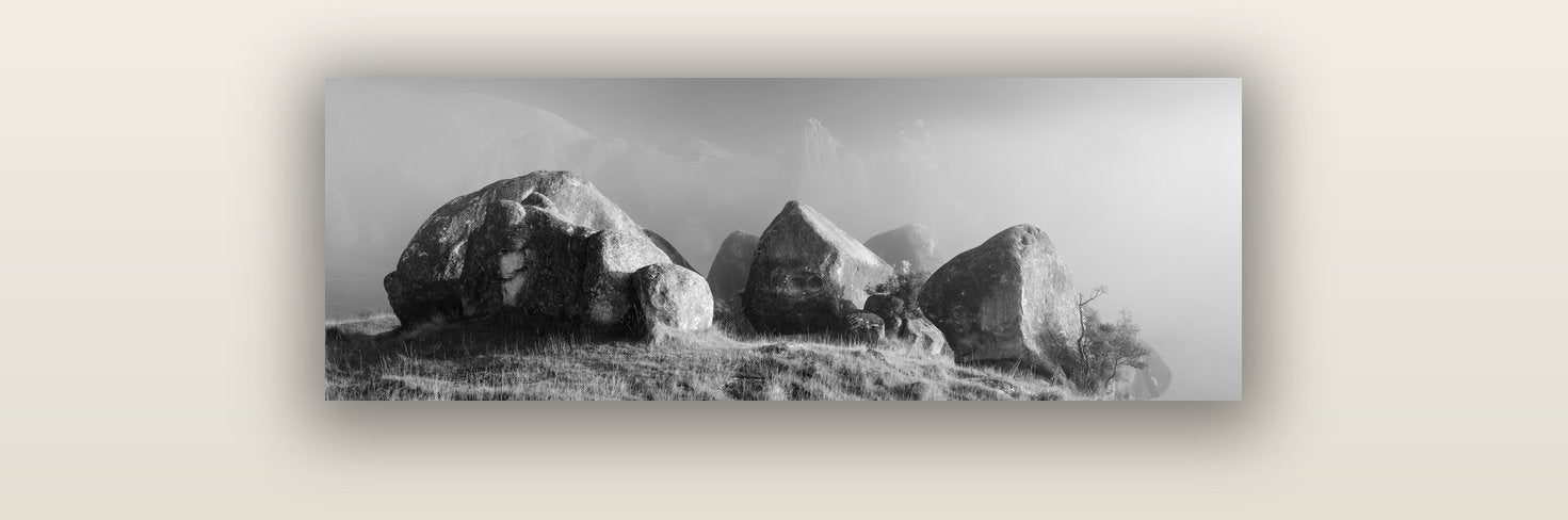 Sentinels in the Mist, Castle Hill — acrylic glass print, 91 × 30 cm. New Zealand fine art landscape wall art by Stephen Milner.