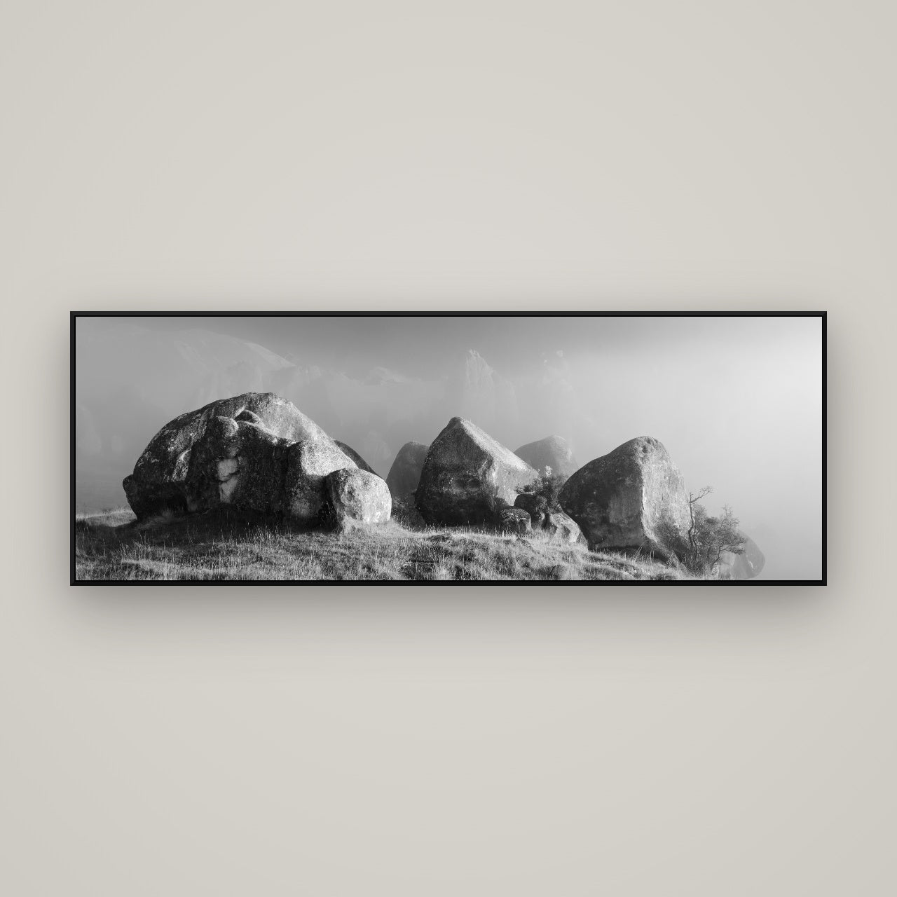Sentinels in the Mist, Castle Hill — ArtBox Black, 170×60 cm. New Zealand fine art wall art by Stephen Milner.