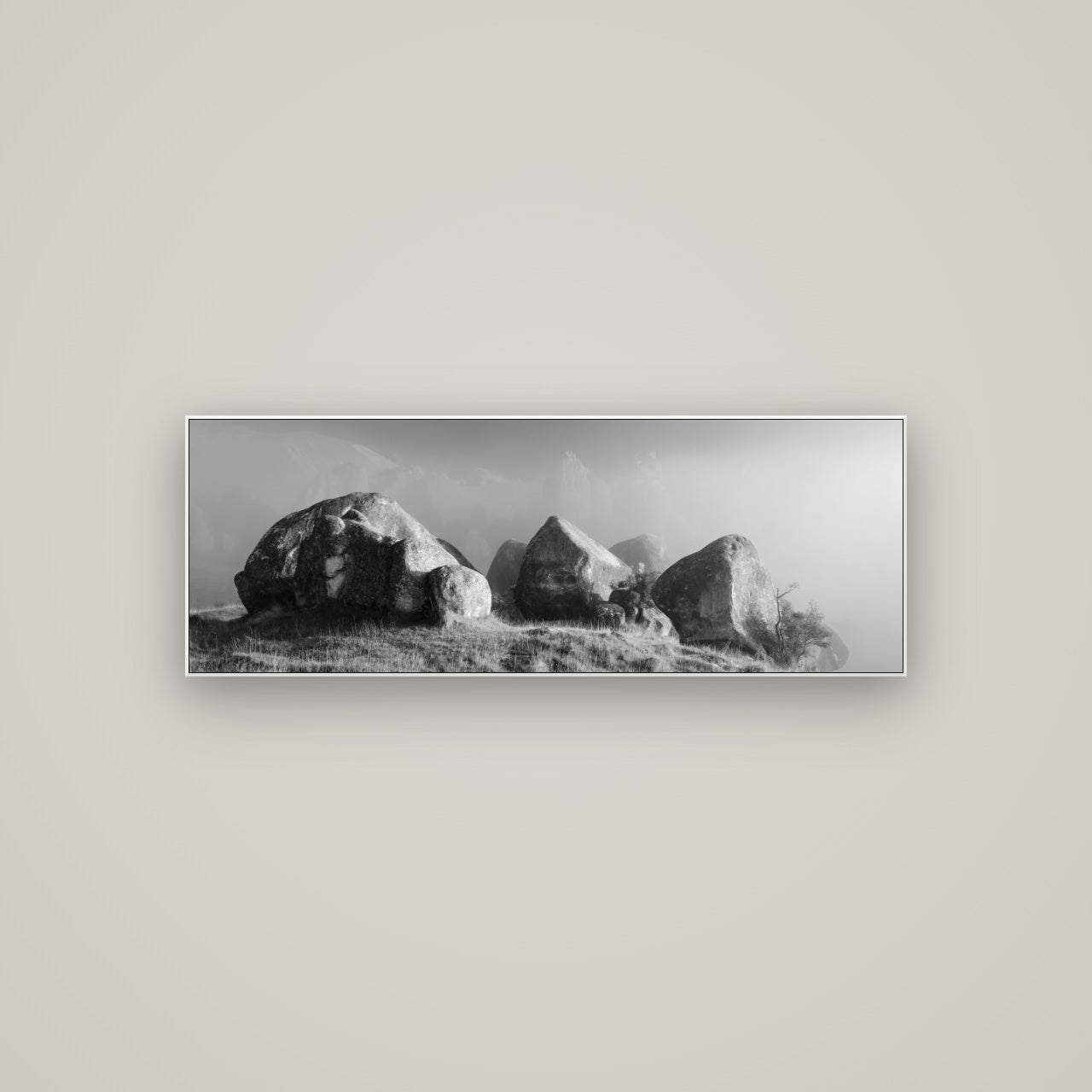 Sentinels in the Mist, Castle Hill — ArtBox White, 113×40 cm. New Zealand fine art wall art by Stephen Milner.