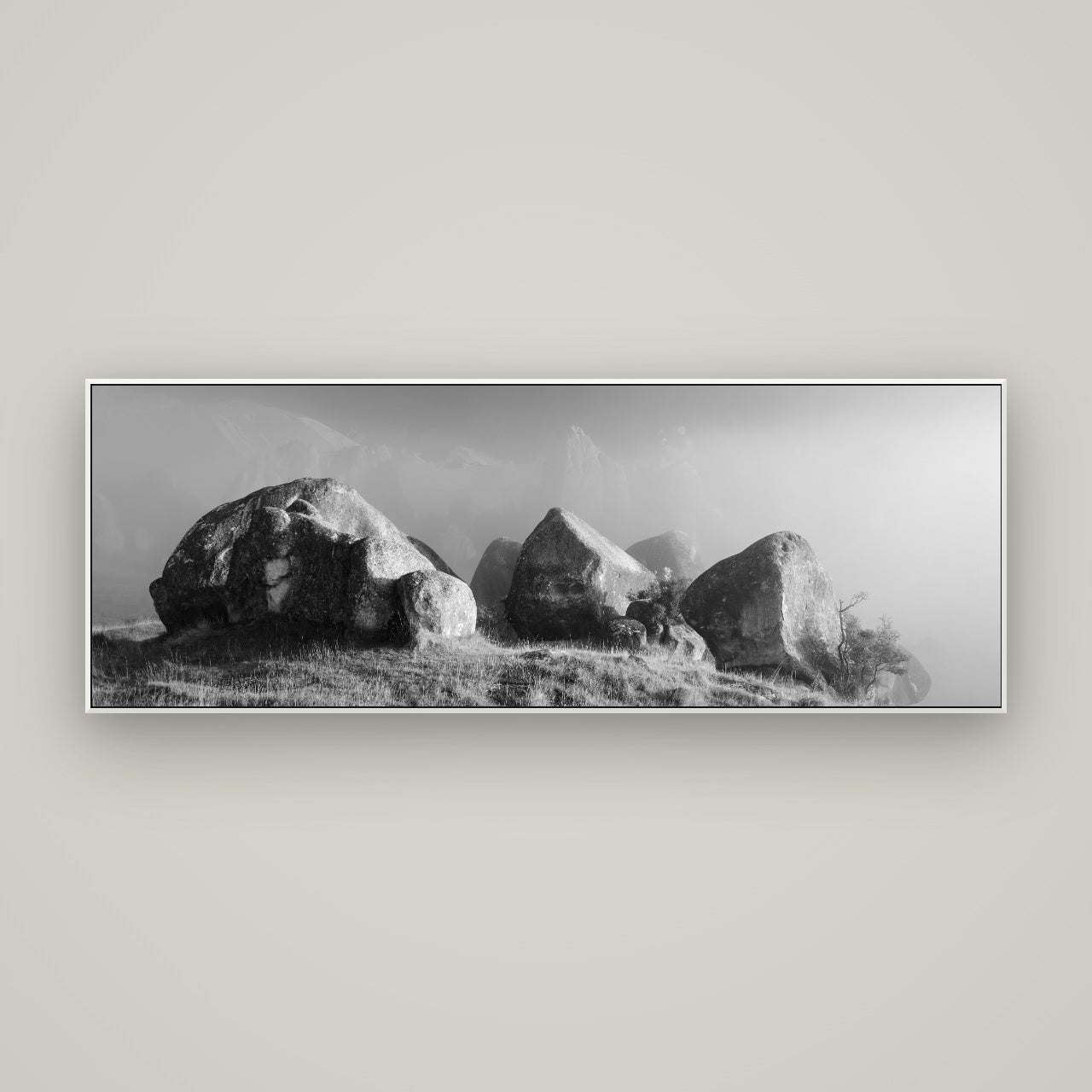 Sentinels in the Mist, Castle Hill — ArtBox White, 170×60 cm. New Zealand fine art wall art by Stephen Milner.