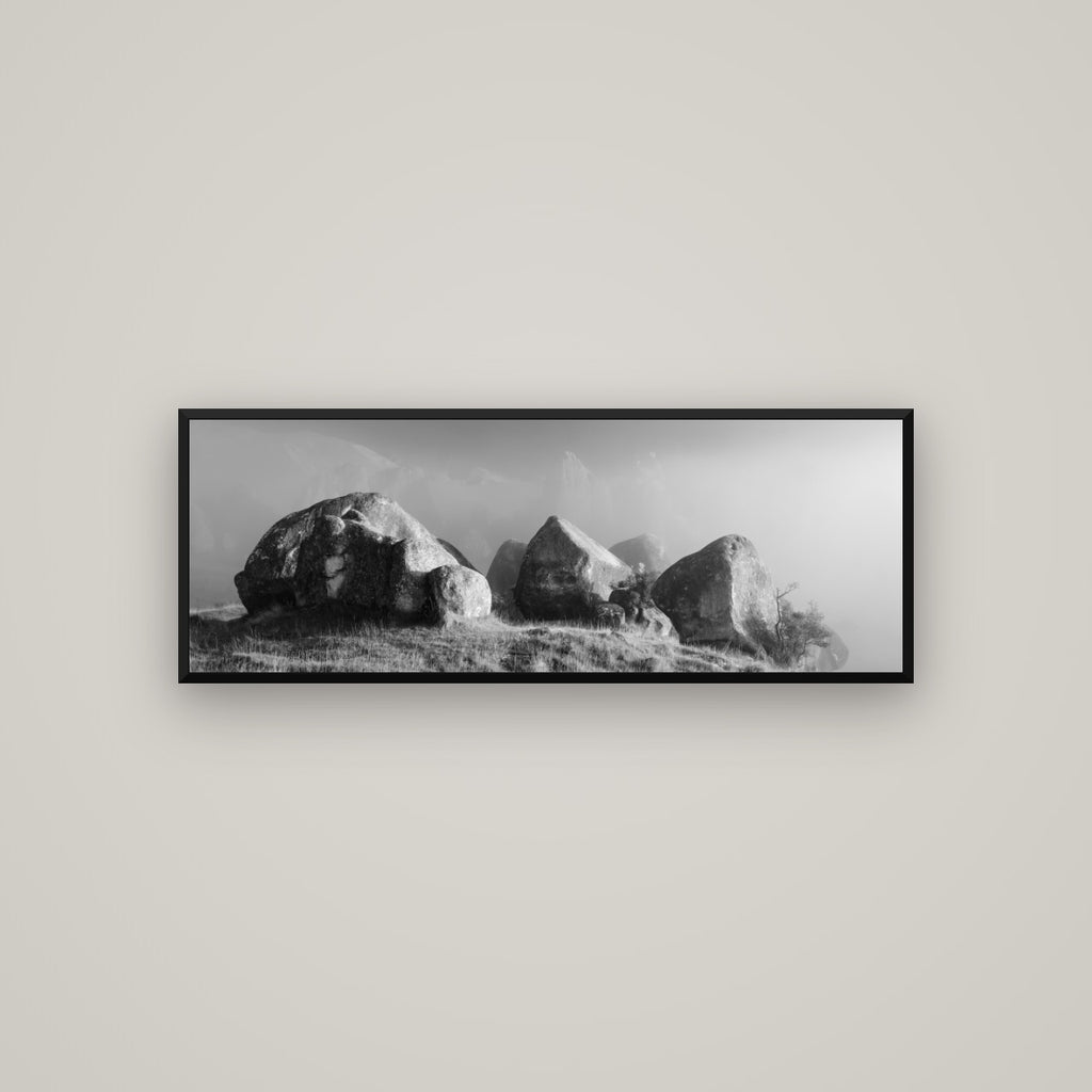 Sentinels in the Mist, Castle Hill — Basel Black Matte, 113×40 cm. New Zealand fine art wall art by Stephen Milner.