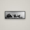 Sentinels in the Mist, Castle Hill — Basel Black, 113×40 cm. New Zealand fine art wall art by Stephen Milner.