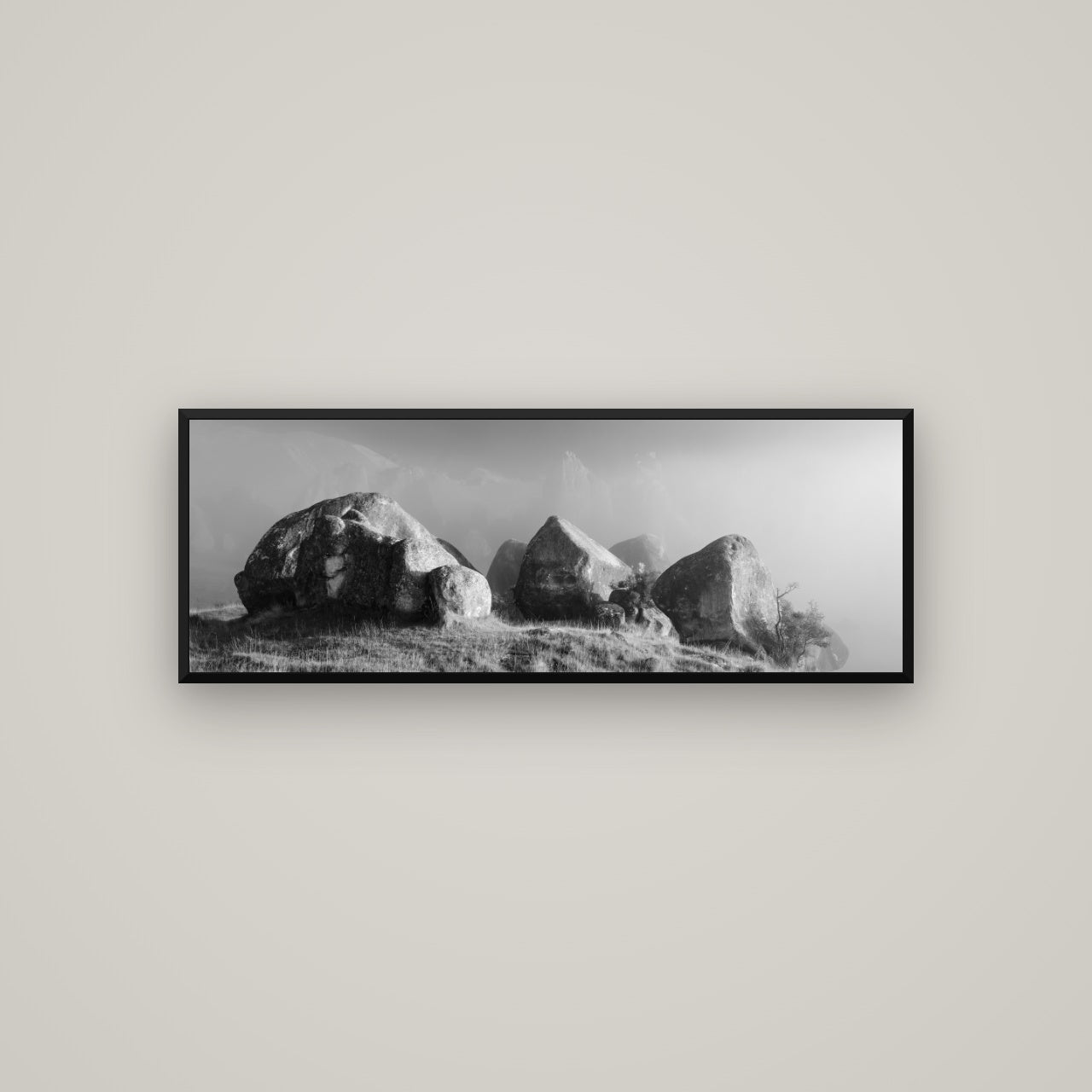 Sentinels in the Mist, Castle Hill — Basel Black, 113×40 cm. New Zealand fine art wall art by Stephen Milner.