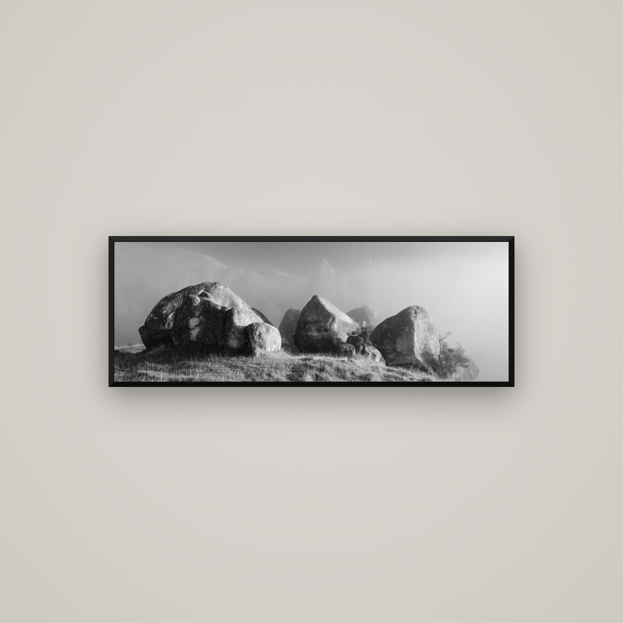 Sentinels in the Mist, Castle Hill — Basel Black Matte, 113×40 cm. New Zealand fine art wall art by Stephen Milner.