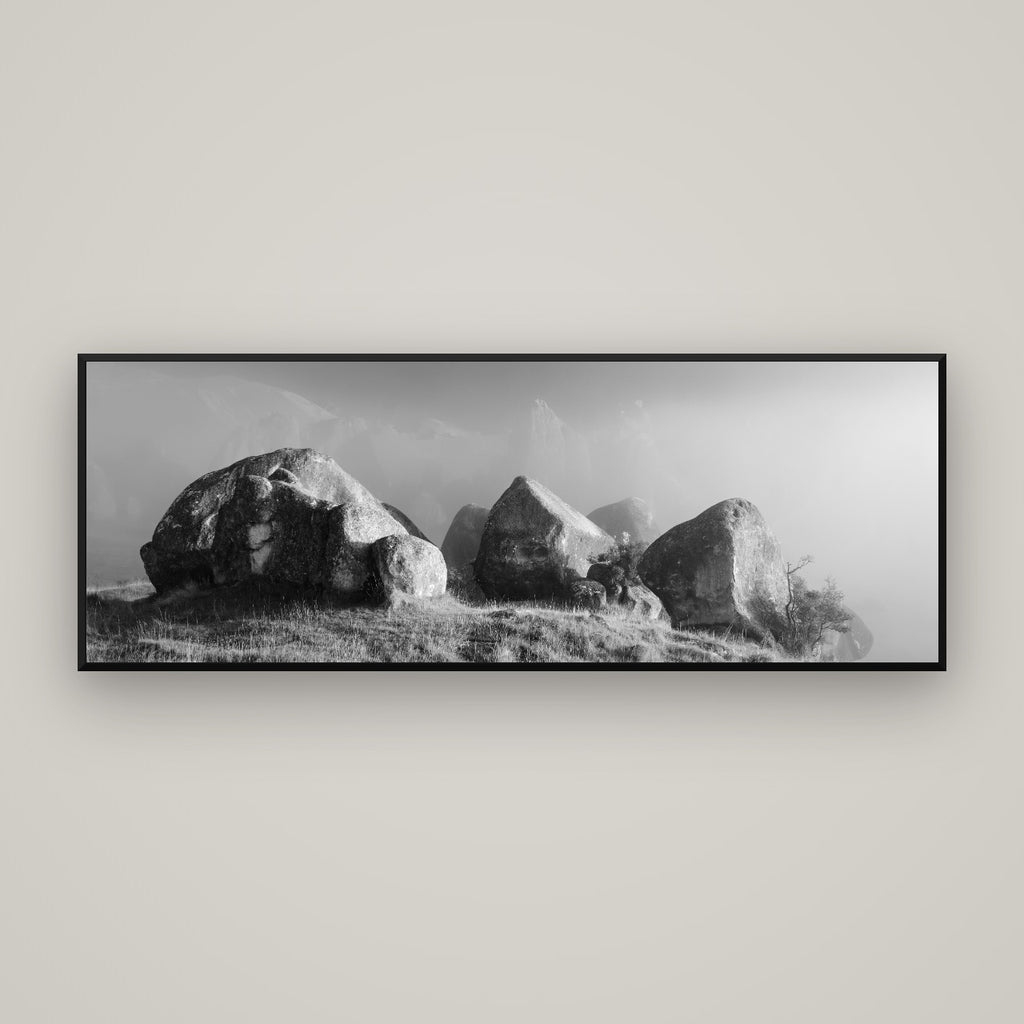 Sentinels in the Mist, Castle Hill — Basel Black Matte, 170×60 cm. New Zealand fine art wall art by Stephen Milner.