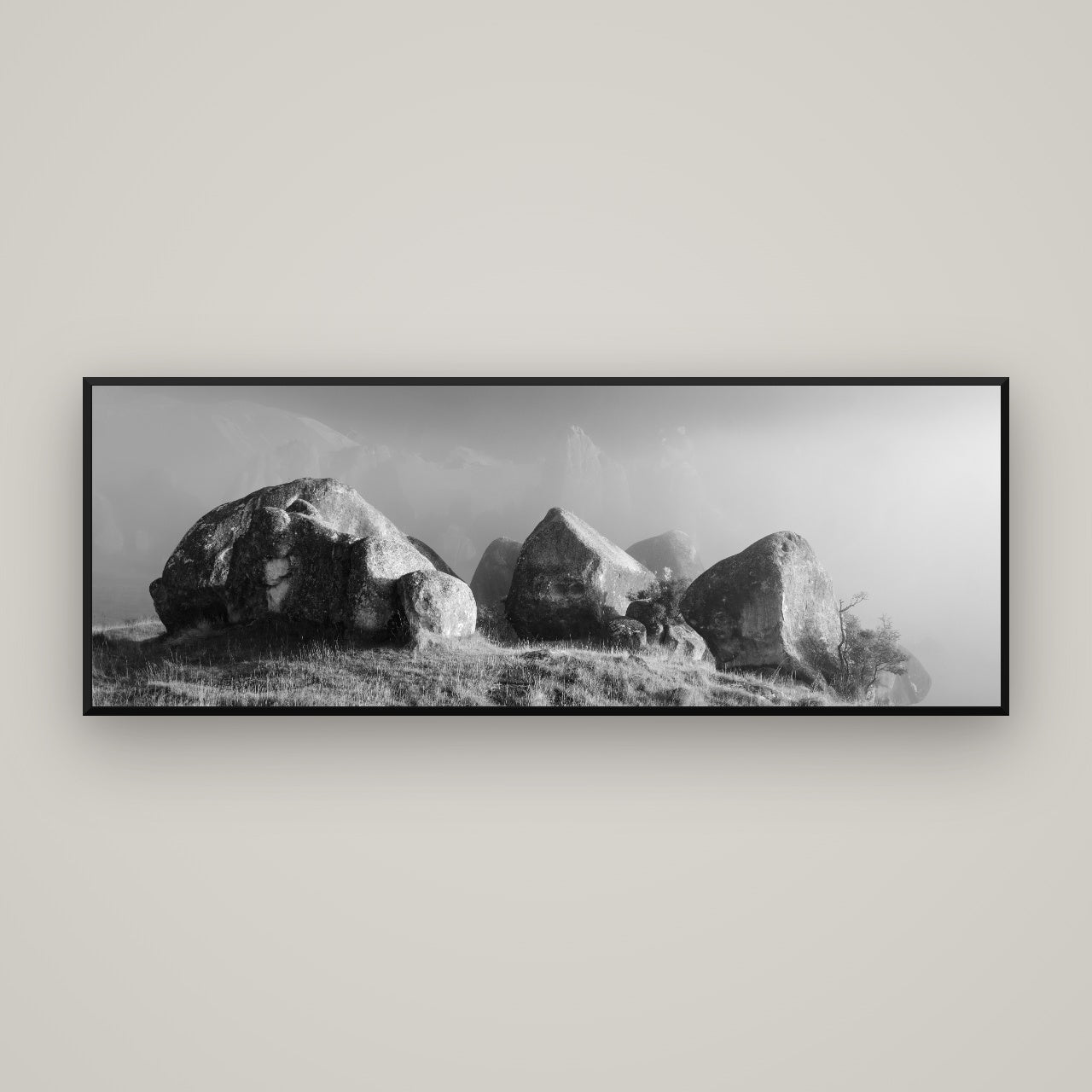 Sentinels in the Mist, Castle Hill — Basel Black, 170×60 cm. New Zealand fine art wall art by Stephen Milner.