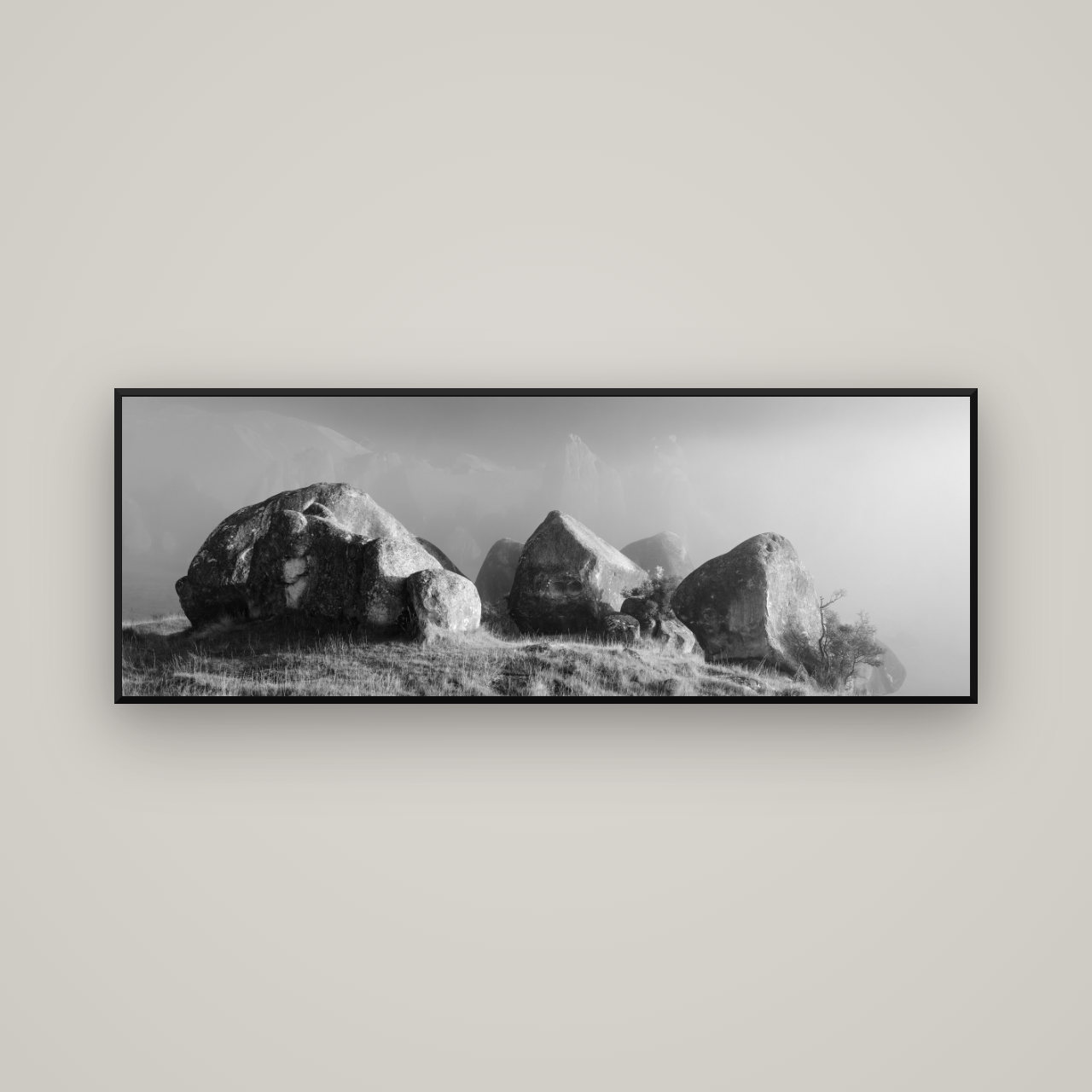 Sentinels in the Mist, Castle Hill — Basel Black Matte, 170×60 cm. New Zealand fine art wall art by Stephen Milner.