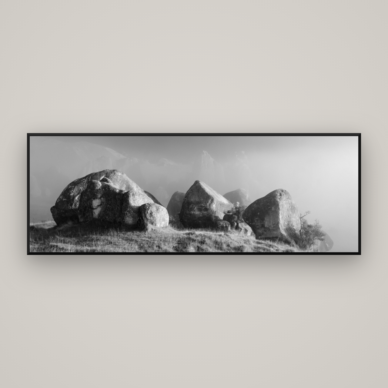 Sentinels in the Mist, Castle Hill — Basel Black Matte, 198×70 cm. New Zealand fine art wall art by Stephen Milner.