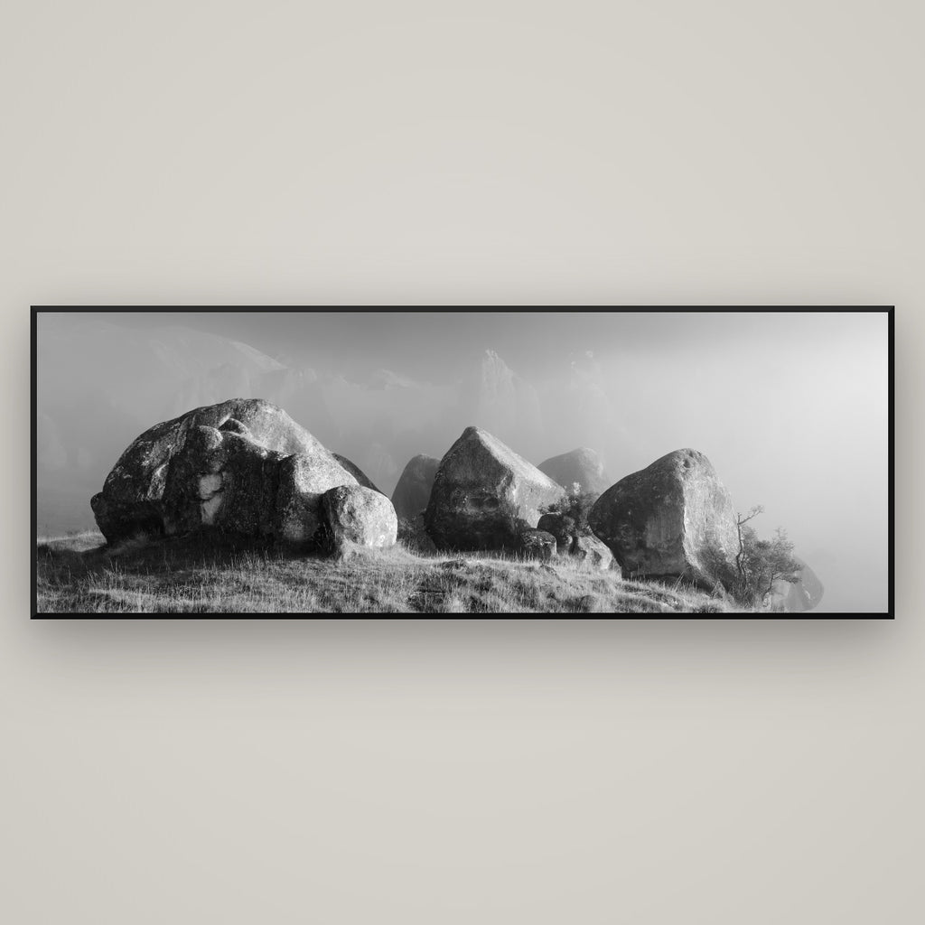 Sentinels in the Mist, Castle Hill — Basel Black Matte, 198×70 cm. New Zealand fine art wall art by Stephen Milner.