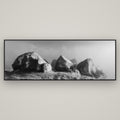 Sentinels in the Mist, Castle Hill — Basel Black, 198×70 cm. New Zealand fine art wall art by Stephen Milner.