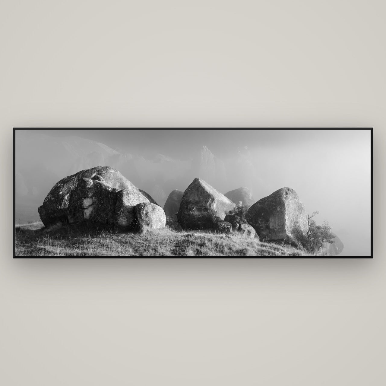 Sentinels in the Mist, Castle Hill — Basel Black, 198×70 cm. New Zealand fine art wall art by Stephen Milner.