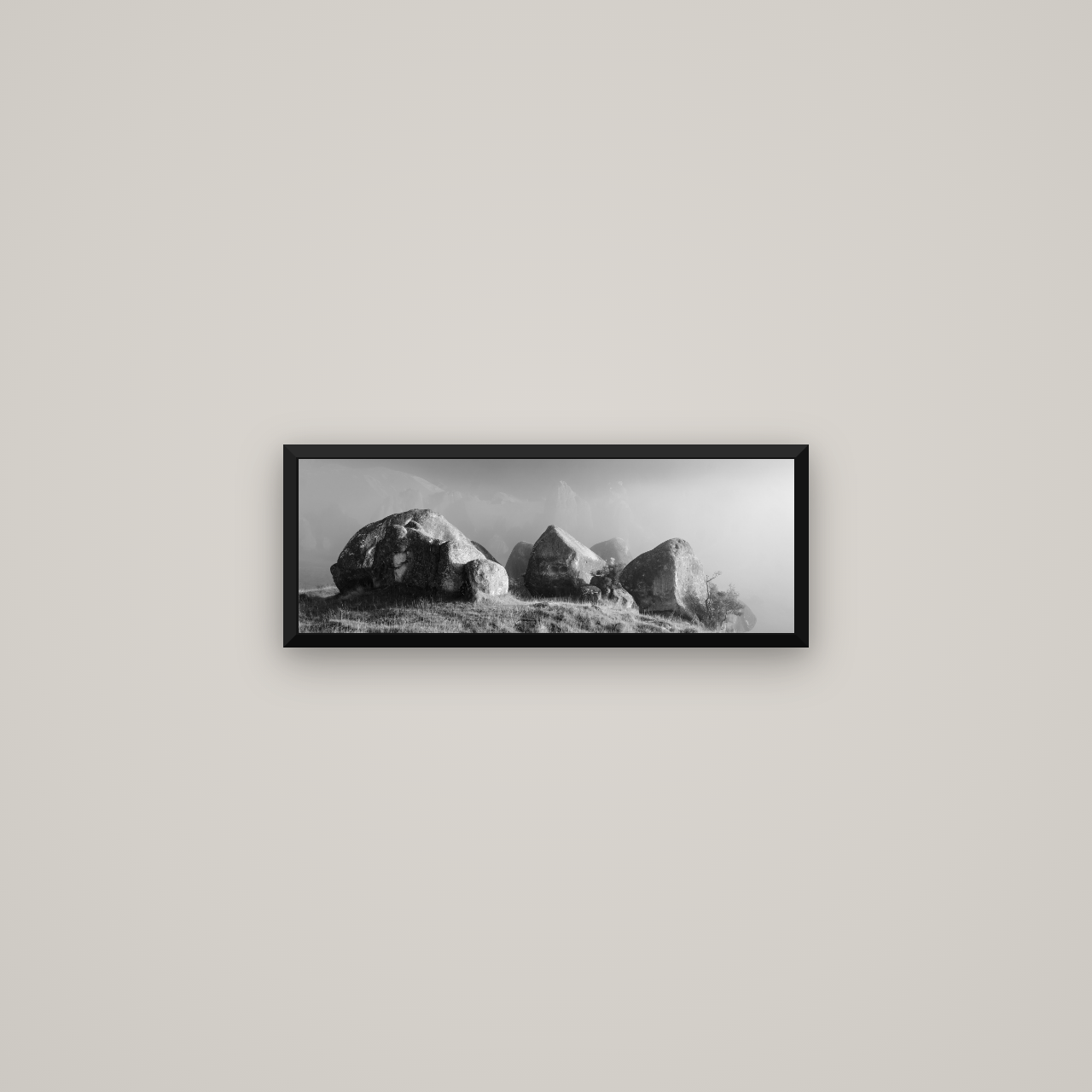 Sentinels in the Mist, Castle Hill — Basel Black Matte, 57×20 cm. New Zealand fine art wall art by Stephen Milner.