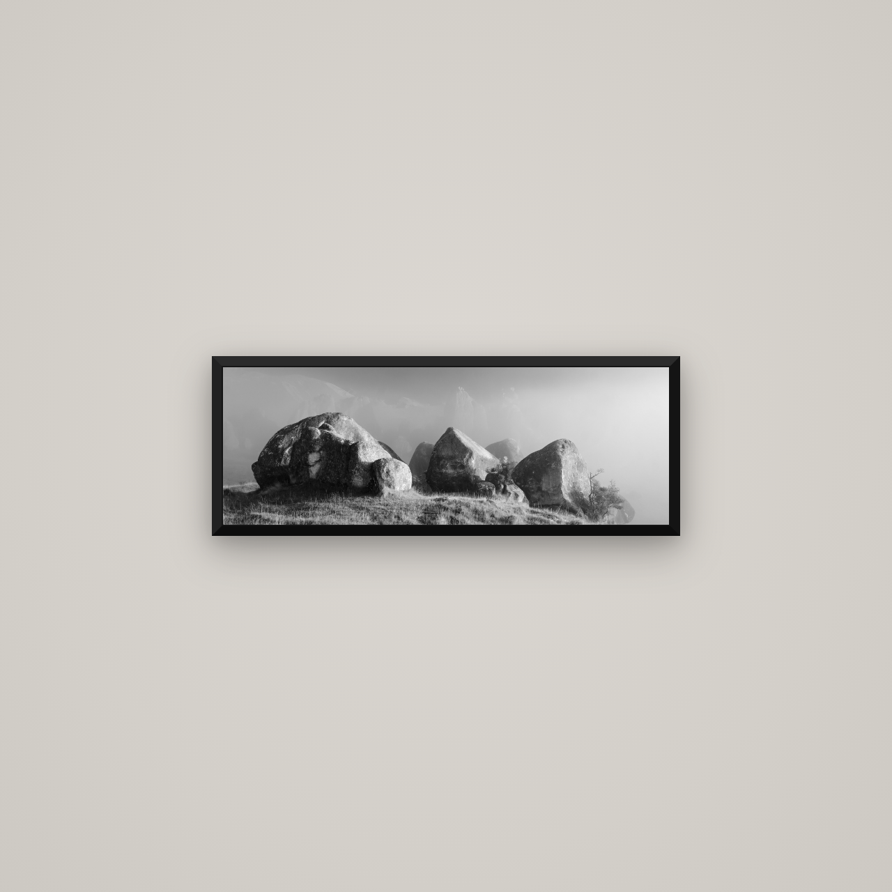 Sentinels in the Mist, Castle Hill — Basel Black Matte, 68×24 cm. New Zealand fine art wall art by Stephen Milner.