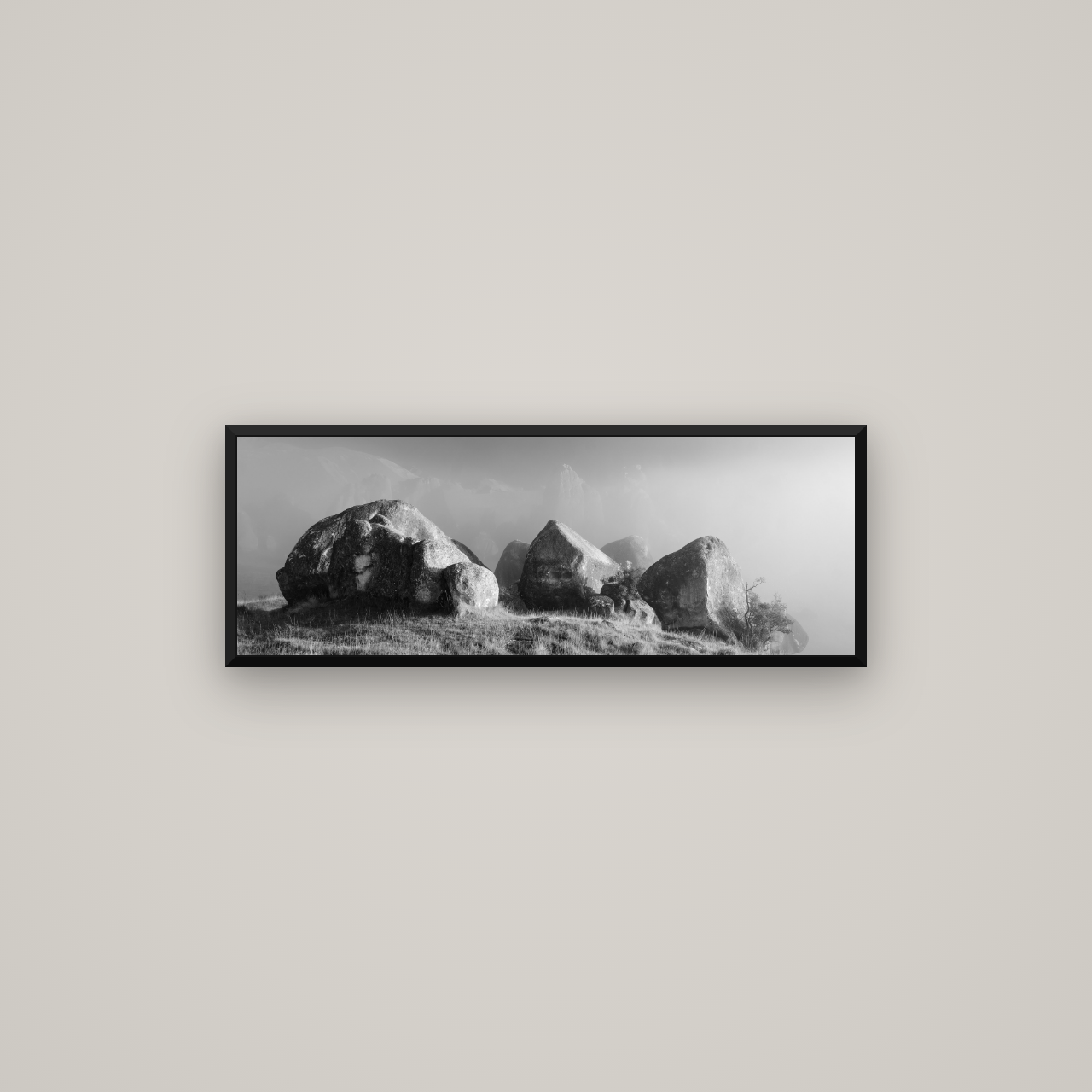 Sentinels in the Mist, Castle Hill — Basel Black Matte, 85×30 cm. New Zealand fine art wall art by Stephen Milner.