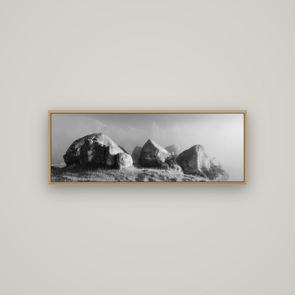 Sentinels in the Mist, Castle Hill, Basel Natural Oak, 113×40 cm. New Zealand fine art wall art by Stephen Milner.