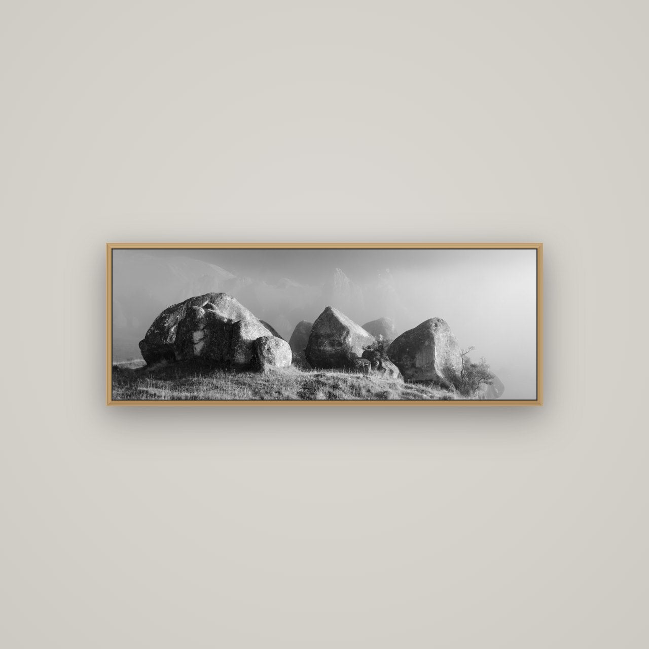 Sentinels in the Mist, Castle Hill, Basel Natural Oak, 113×40 cm. New Zealand fine art wall art by Stephen Milner.
