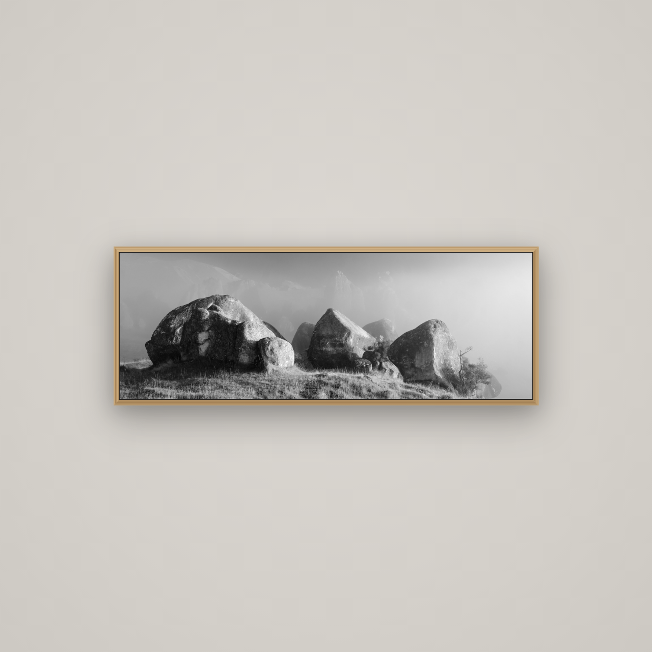 Sentinels in the Mist, Castle Hill, Basel Natural Oak, 113×40 cm. New Zealand fine art wall art by Stephen Milner.