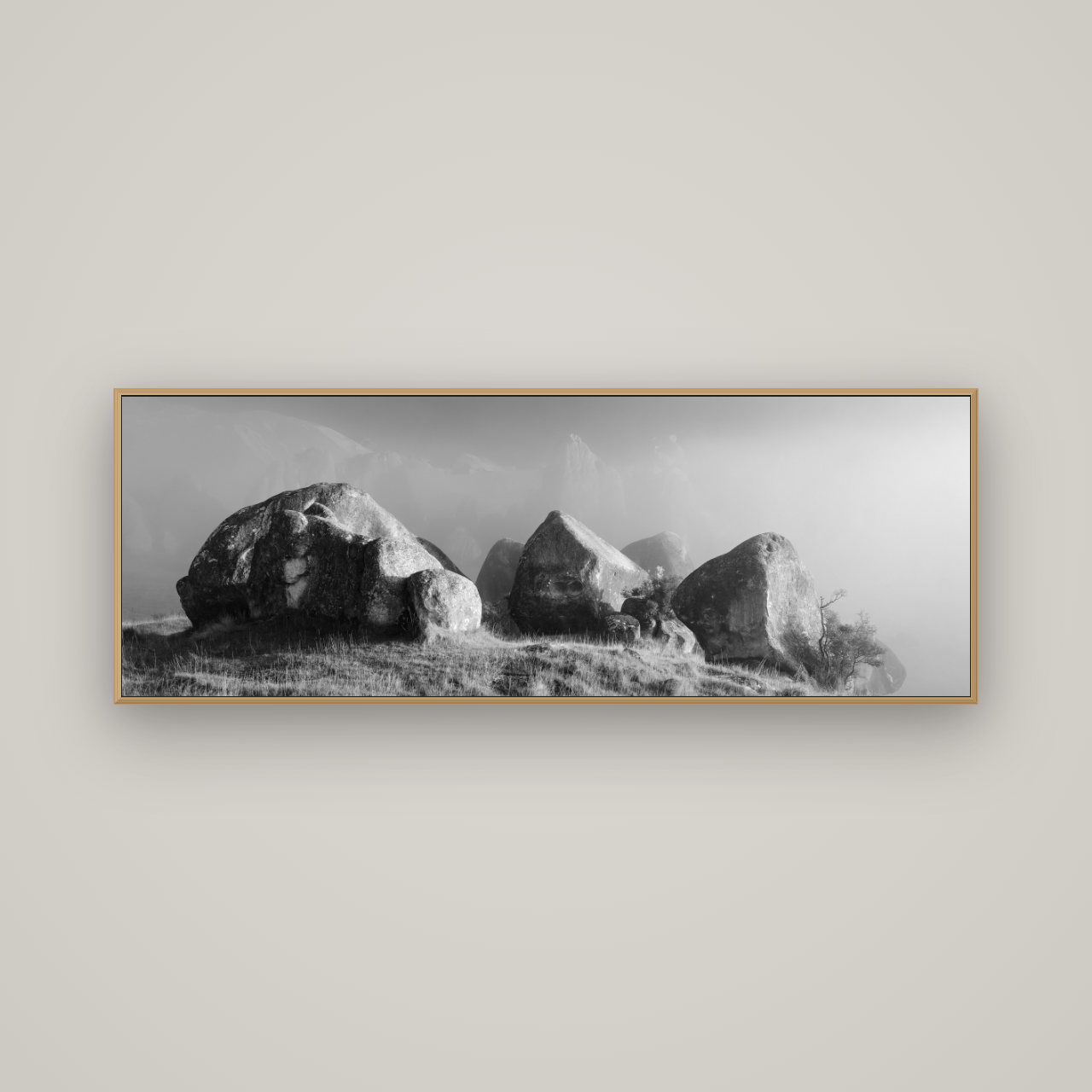 Sentinels in the Mist, Castle Hill, Basel Natural Oak, 170×60 cm. New Zealand fine art wall art by Stephen Milner.