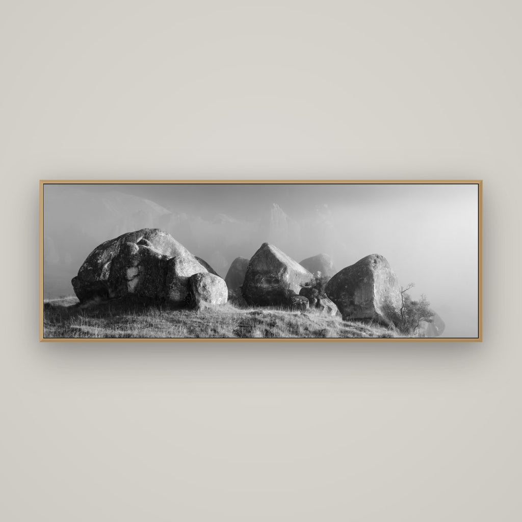 Sentinels in the Mist, Castle Hill, Basel Natural Oak, 170×60 cm. New Zealand fine art wall art by Stephen Milner.