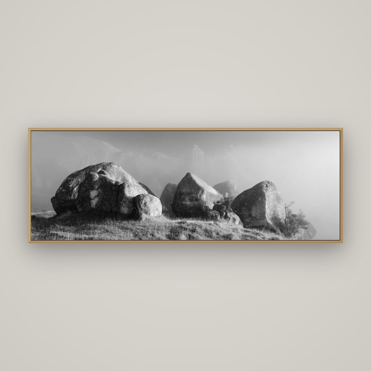 Sentinels in the Mist, Castle Hill, Basel Natural Oak, 170×60 cm. New Zealand fine art wall art by Stephen Milner.