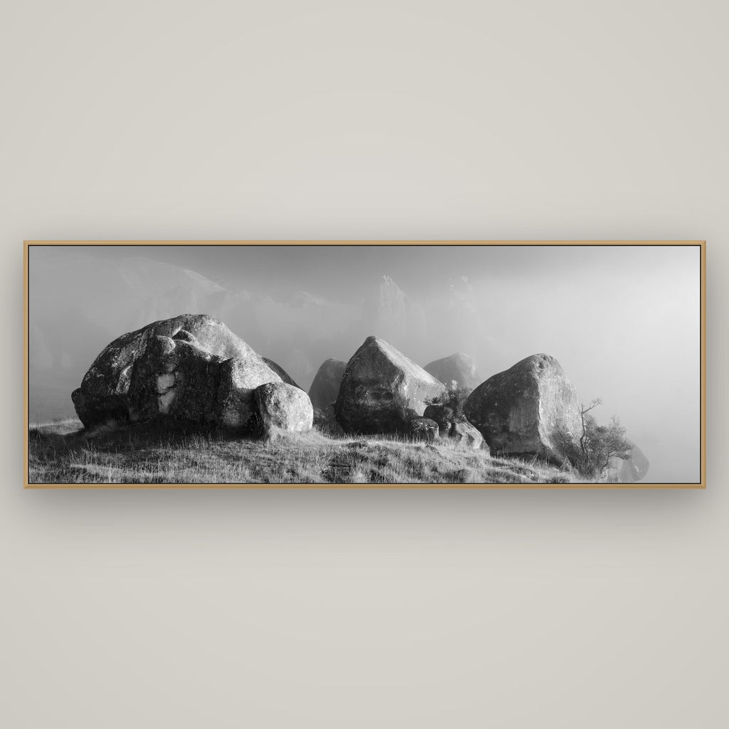 Sentinels in the Mist, Castle Hill, Basel Natural Oak, 198×70 cm. New Zealand fine art wall art by Stephen Milner.