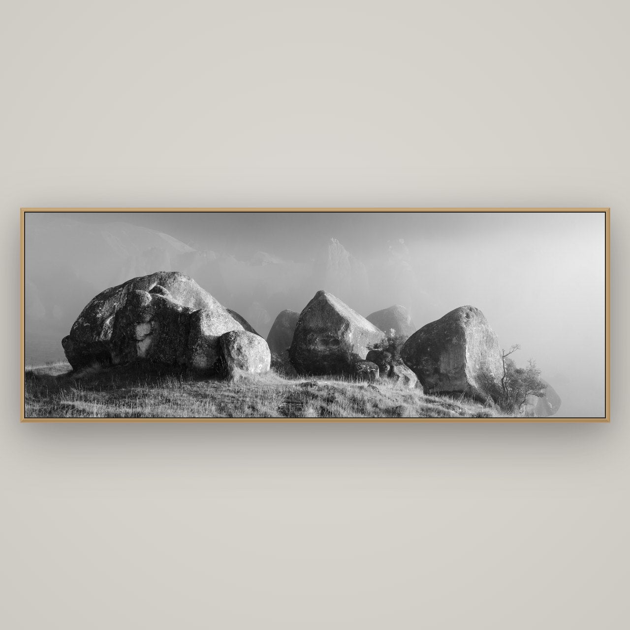 Sentinels in the Mist, Castle Hill, Basel Natural Oak, 198×70 cm. New Zealand fine art wall art by Stephen Milner.