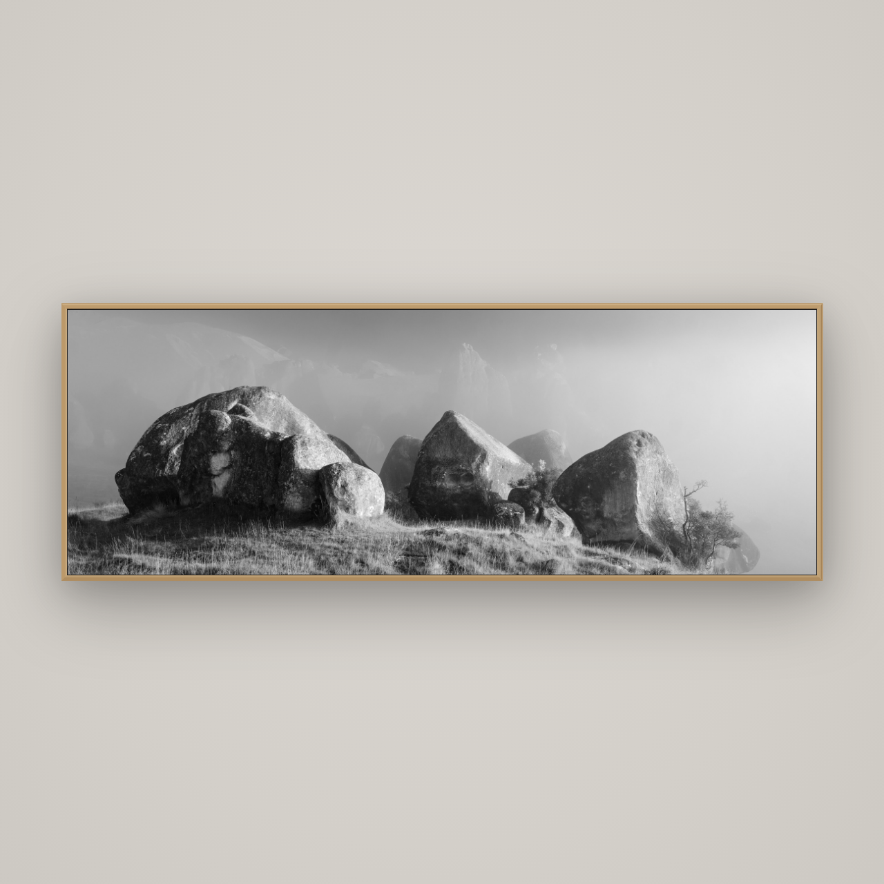 Sentinels in the Mist, Castle Hill, Basel Natural Oak, 198×70 cm. New Zealand fine art wall art by Stephen Milner.