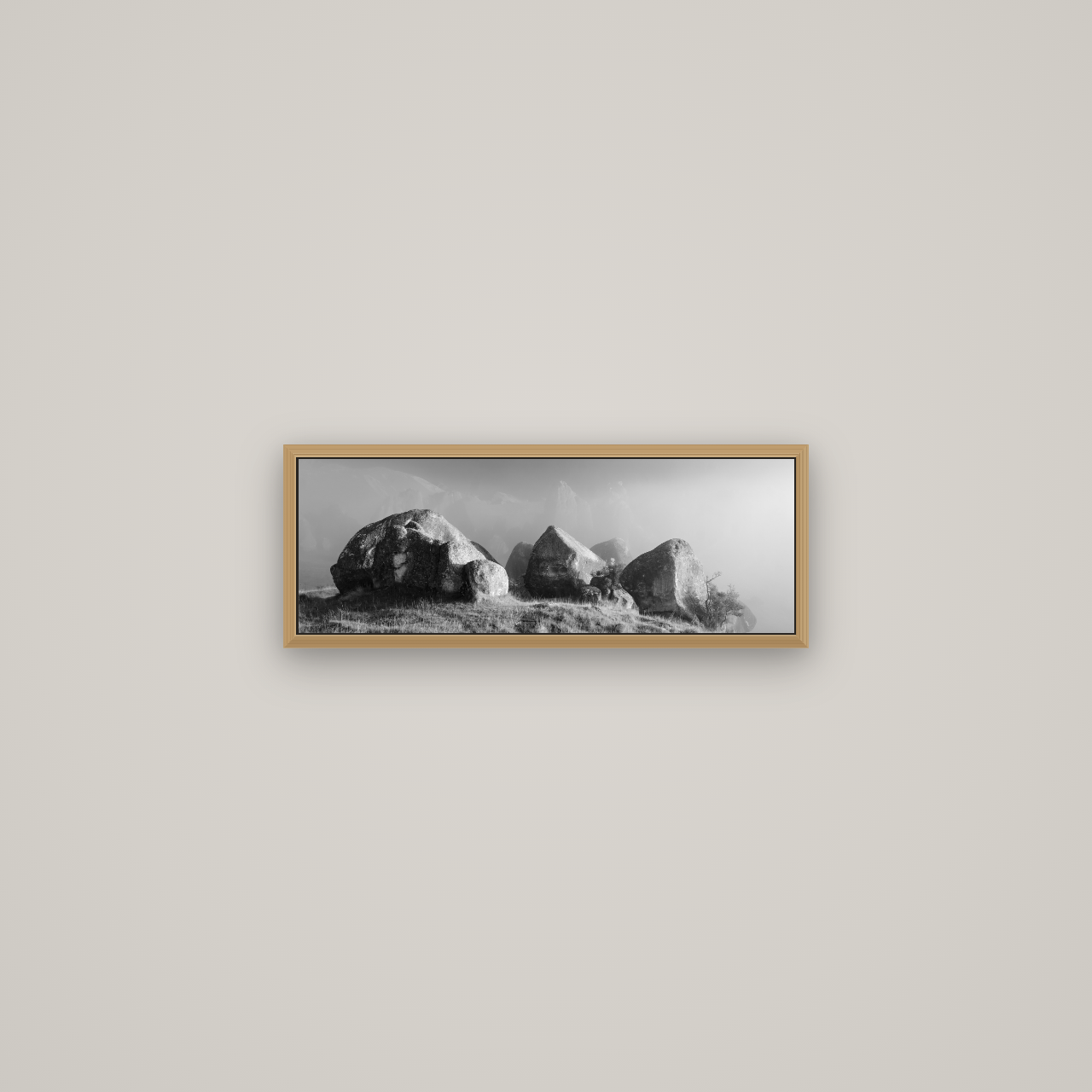 Sentinels in the Mist, Castle Hill, Basel Natural Oak, 57×20 cm. New Zealand fine art wall art by Stephen Milner.
