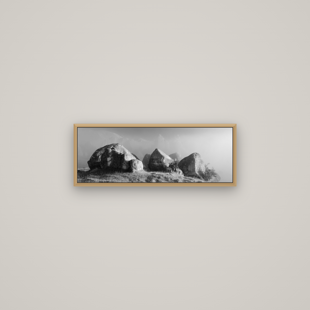 Sentinels in the Mist, Castle Hill, Basel Natural Oak, 68×24 cm. New Zealand fine art wall art by Stephen Milner.