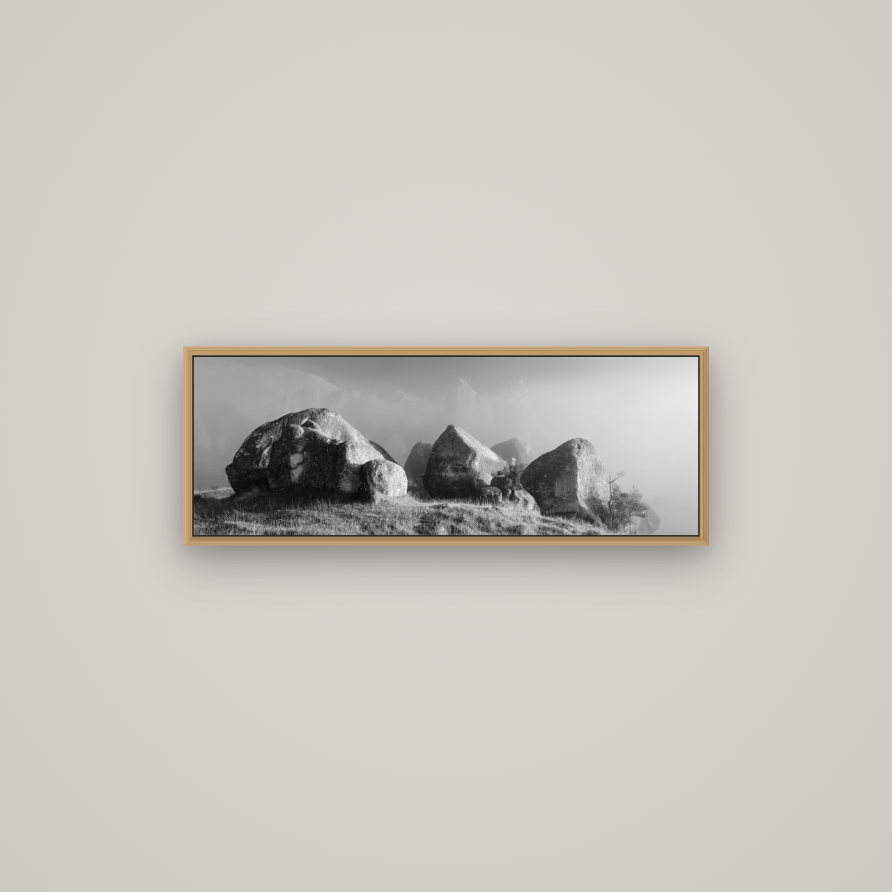 Sentinels in the Mist, Castle Hill, Basel Natural Oak, 85×30 cm. New Zealand fine art wall art by Stephen Milner.