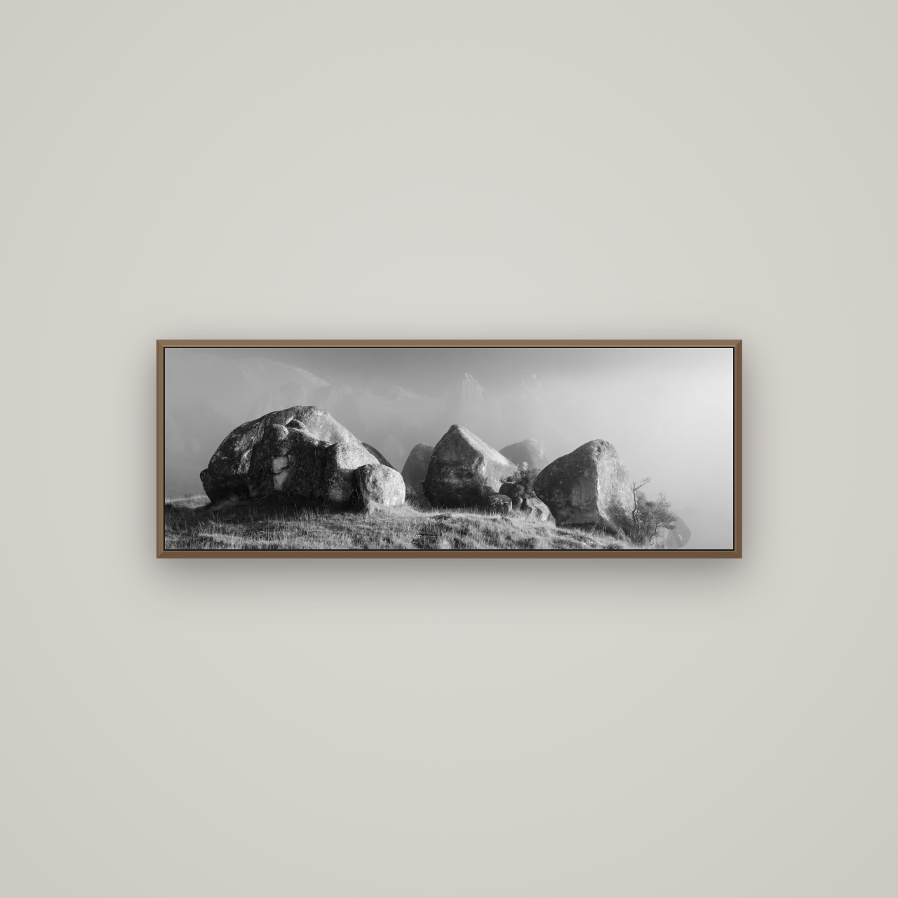 Sentinels in the Mist, Castle Hill, Basel Walnut, 113×40 cm. New Zealand fine art wall art by Stephen Milner.