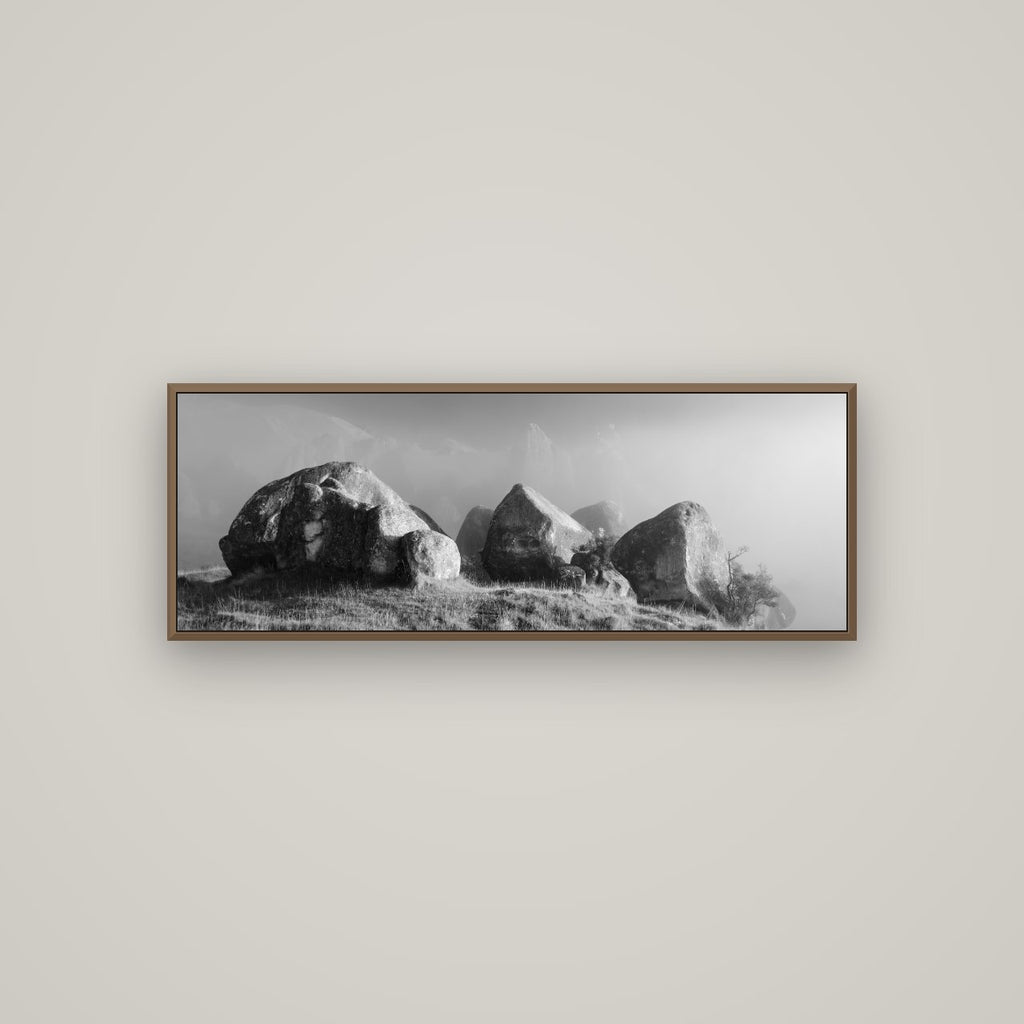 Sentinels in the Mist, Castle Hill, Basel Walnut, 113×40 cm. New Zealand fine art wall art by Stephen Milner.