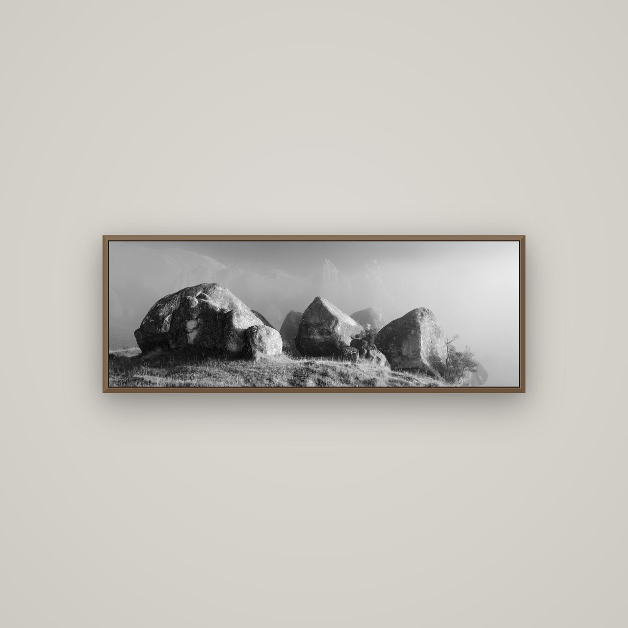 Sentinels in the Mist, Castle Hill, Basel Walnut, 113×40 cm. New Zealand fine art wall art by Stephen Milner.