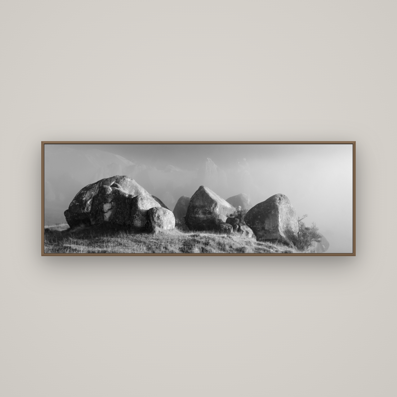 Sentinels in the Mist, Castle Hill, Basel Walnut, 170×60 cm. New Zealand fine art wall art by Stephen Milner.