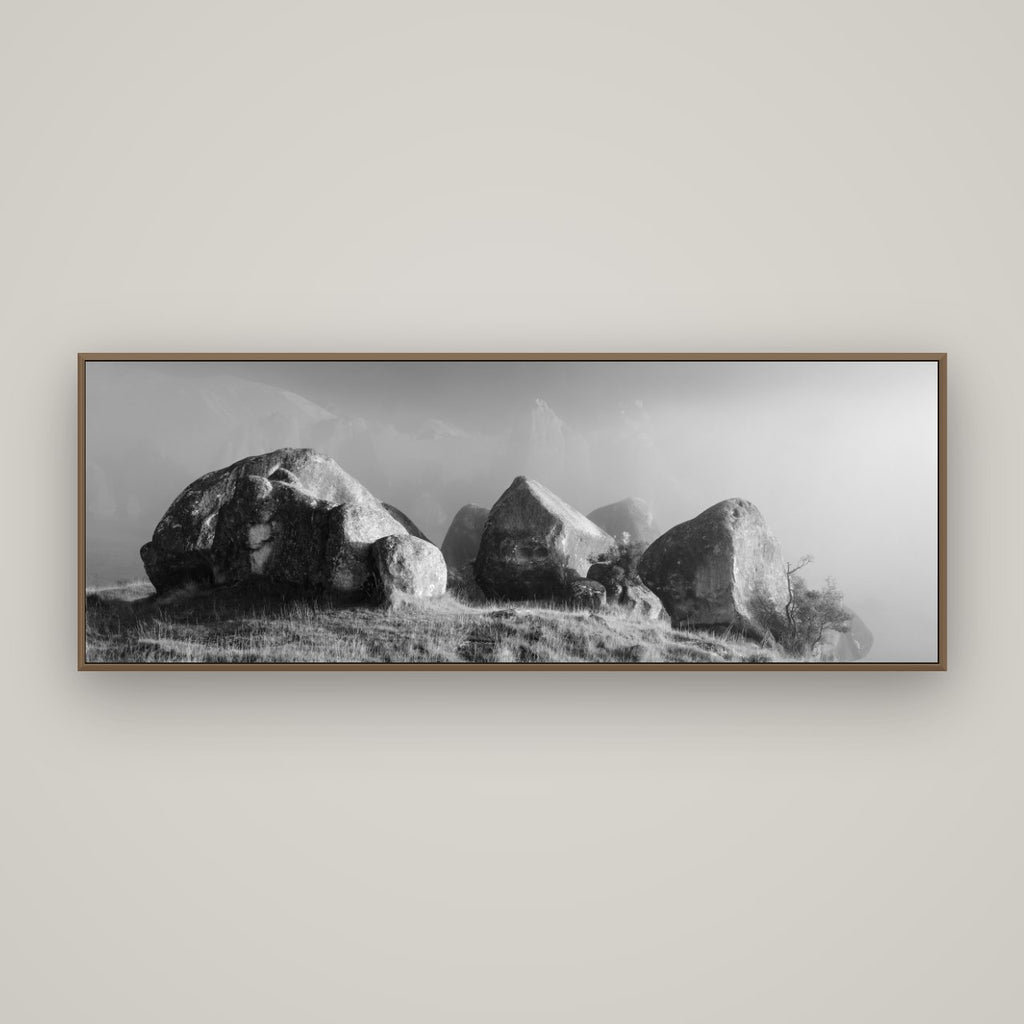 Sentinels in the Mist, Castle Hill, Basel Walnut, 170×60 cm. New Zealand fine art wall art by Stephen Milner.