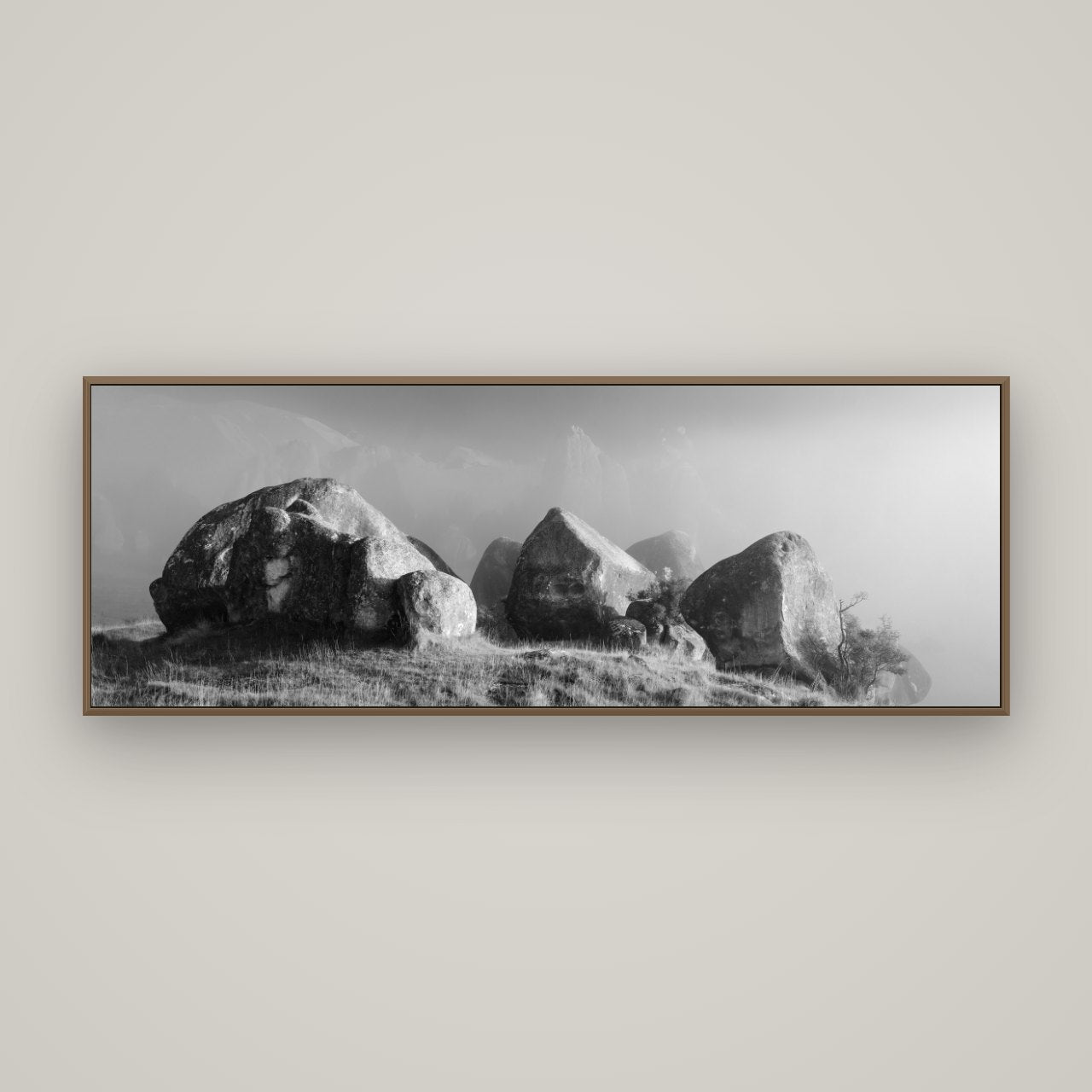 Sentinels in the Mist, Castle Hill, Basel Walnut, 170×60 cm. New Zealand fine art wall art by Stephen Milner.