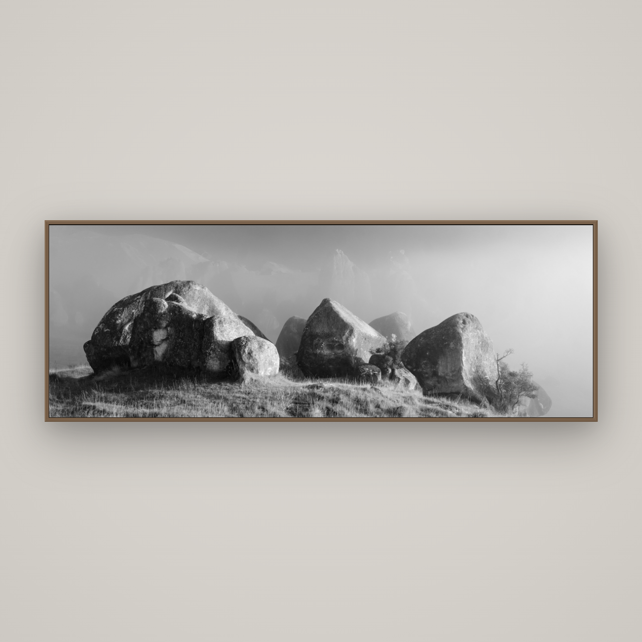 Sentinels in the Mist, Castle Hill, Basel Walnut, 198×70 cm. New Zealand fine art wall art by Stephen Milner.