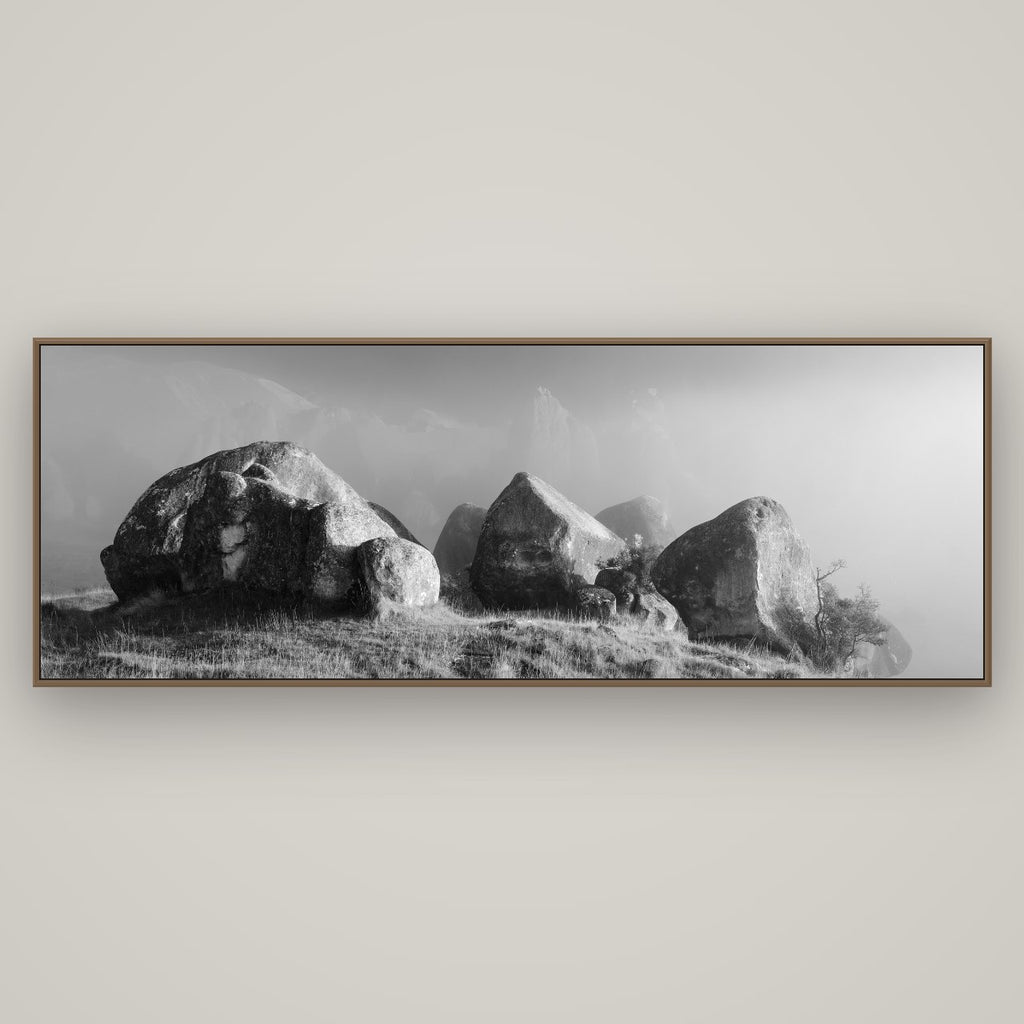 Sentinels in the Mist, Castle Hill, Basel Walnut, 198×70 cm. New Zealand fine art wall art by Stephen Milner.