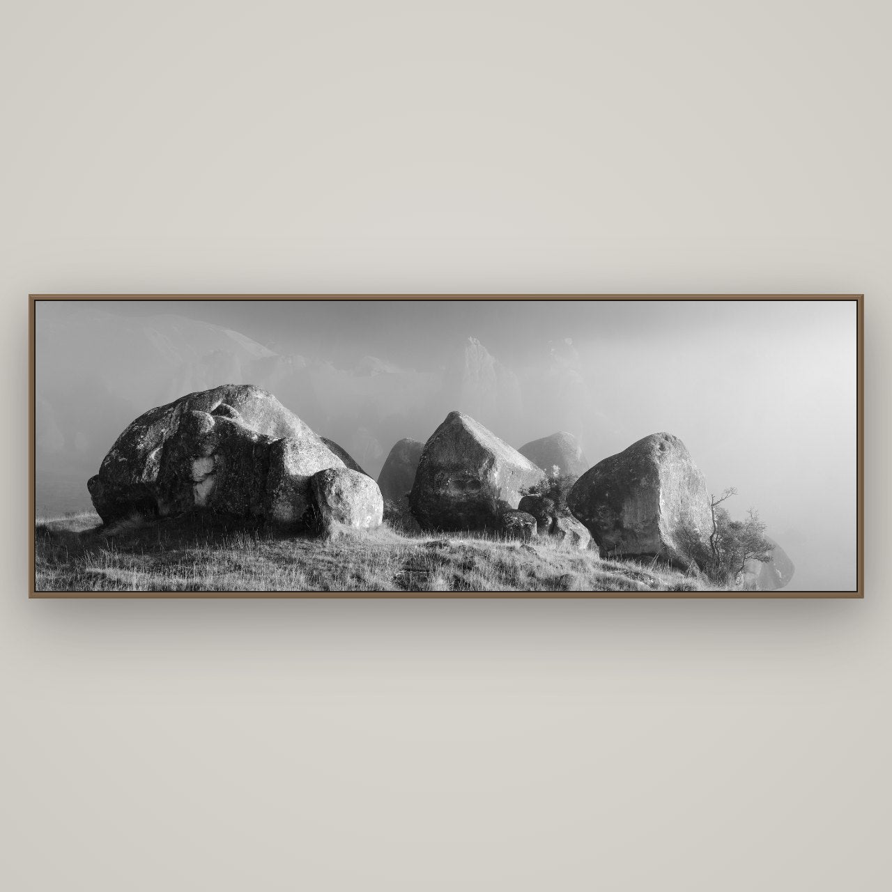 Sentinels in the Mist, Castle Hill, Basel Walnut, 198×70 cm. New Zealand fine art wall art by Stephen Milner.