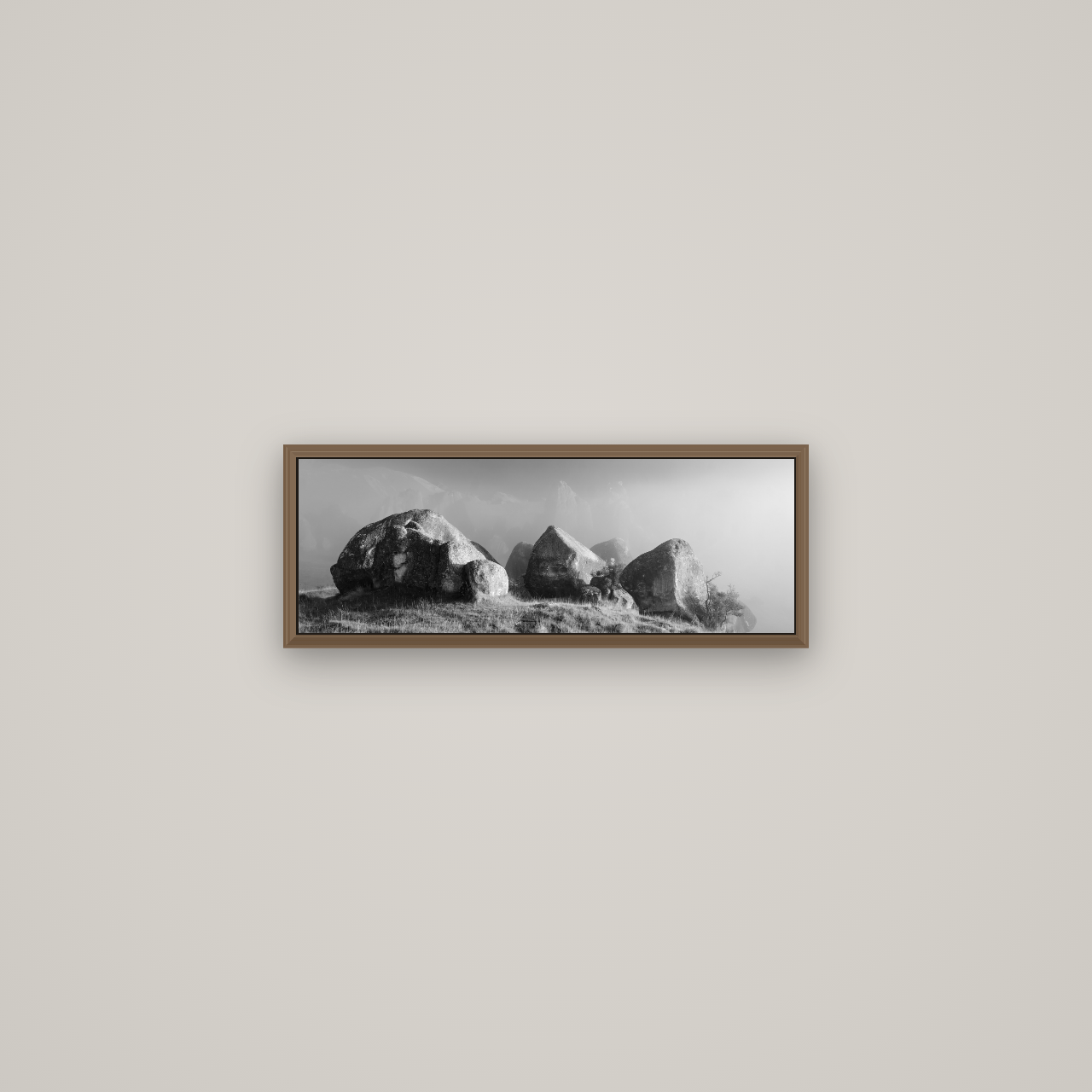 Sentinels in the Mist, Castle Hill, Basel Walnut, 57×20 cm. New Zealand fine art wall art by Stephen Milner.