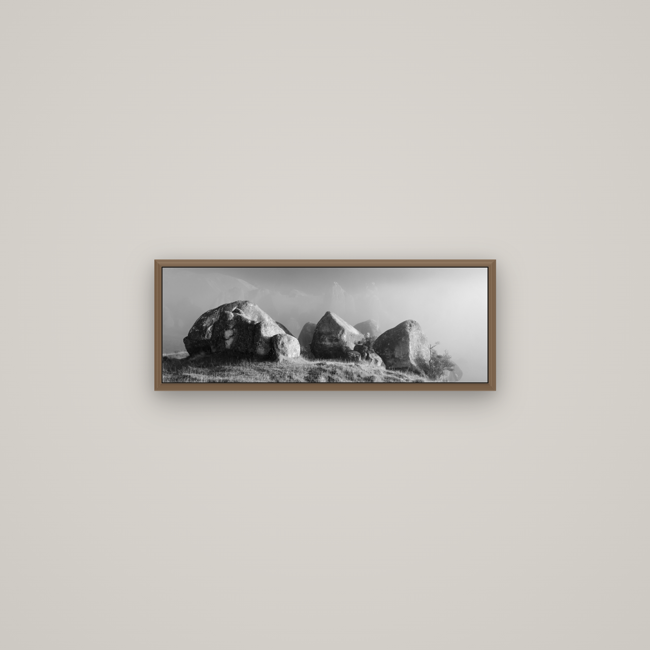 Sentinels in the Mist, Castle Hill, Basel Walnut, 68×24 cm. New Zealand fine art wall art by Stephen Milner.